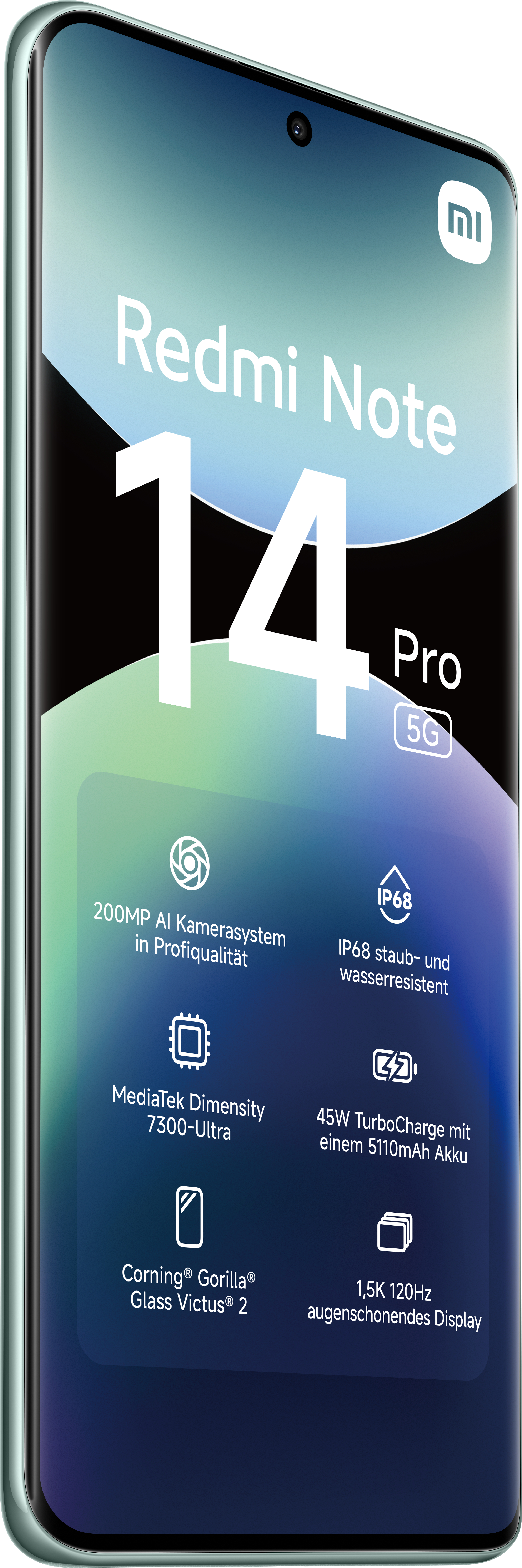 Redmi Note 14 Pro 5G-Telefon mit Spezifikationsdetails auf dem Bildschirm. Zu den Funktionen gehören Kamera, Akku, Display und mehr.