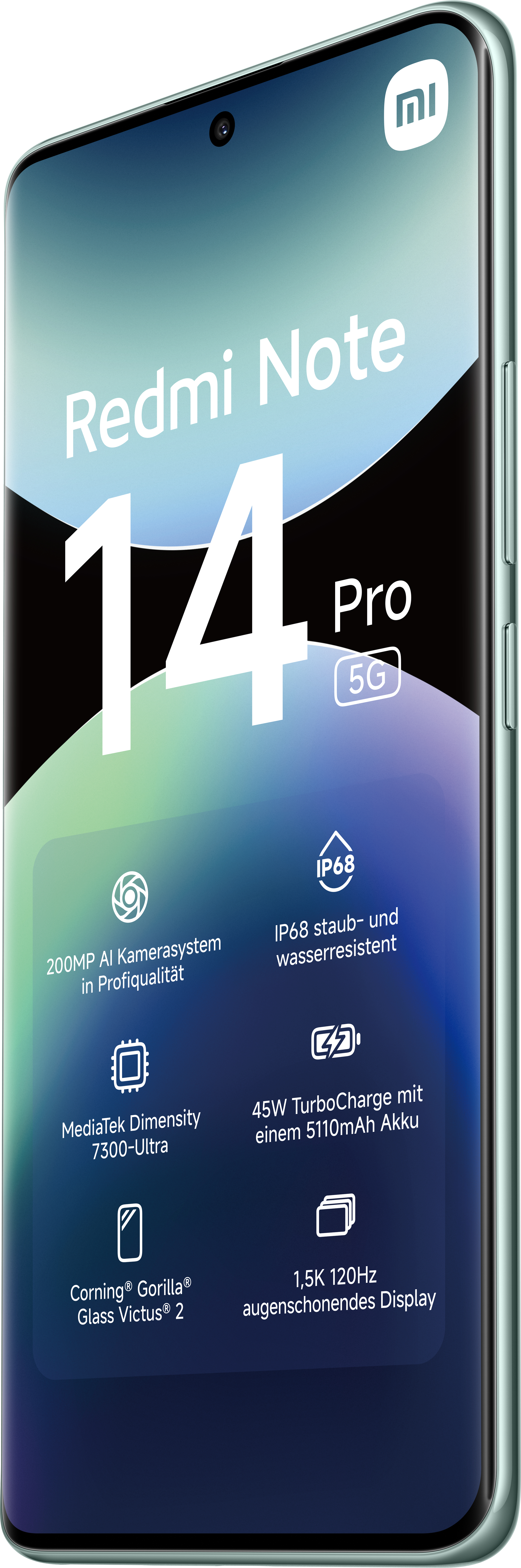 Redmi Note 14 Pro 5G-Telefon mit Spezifikationsdetails auf dem Bildschirm. Zu den Funktionen gehören Kamera, Akku, Display und mehr.