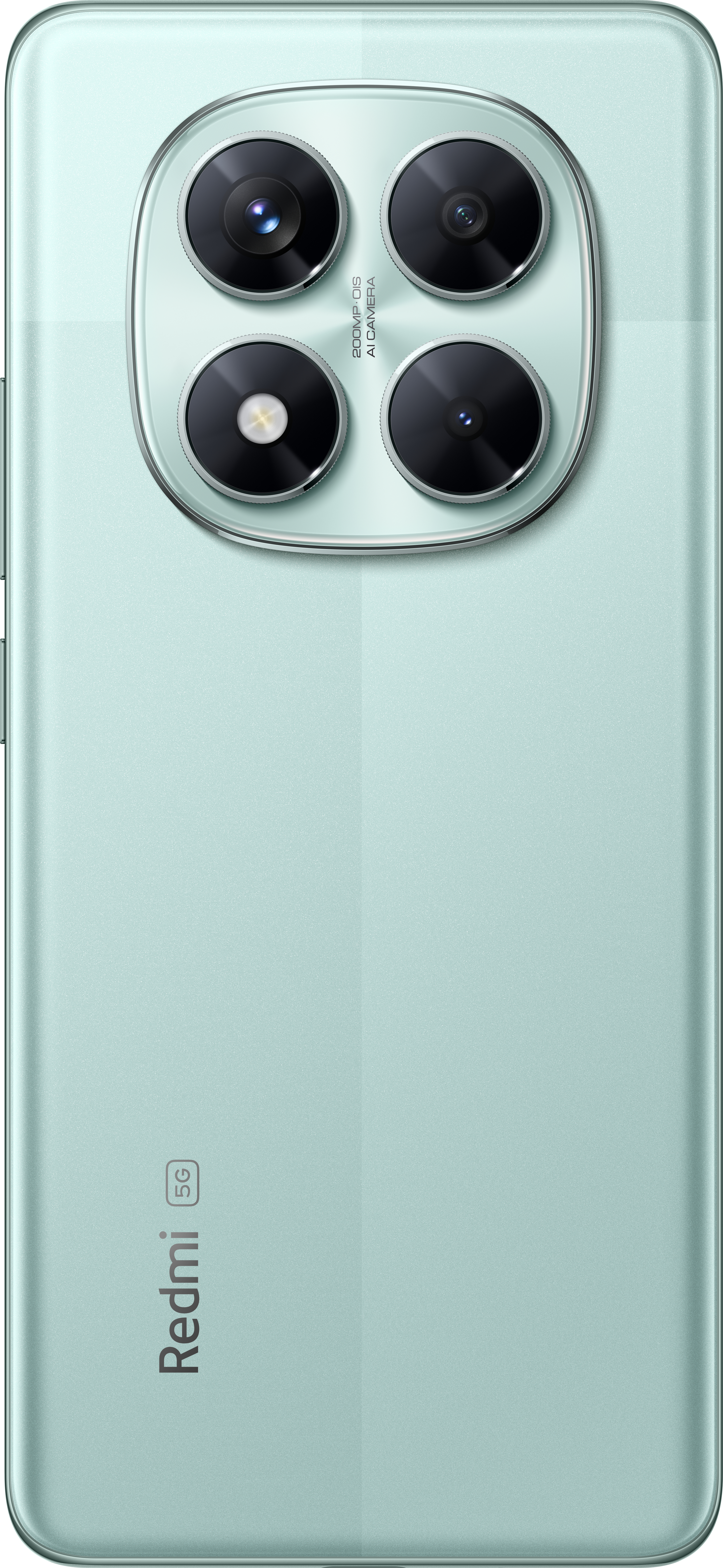 Grünes Smartphone, mehrere Rückkameras und das Redmi-Logo.