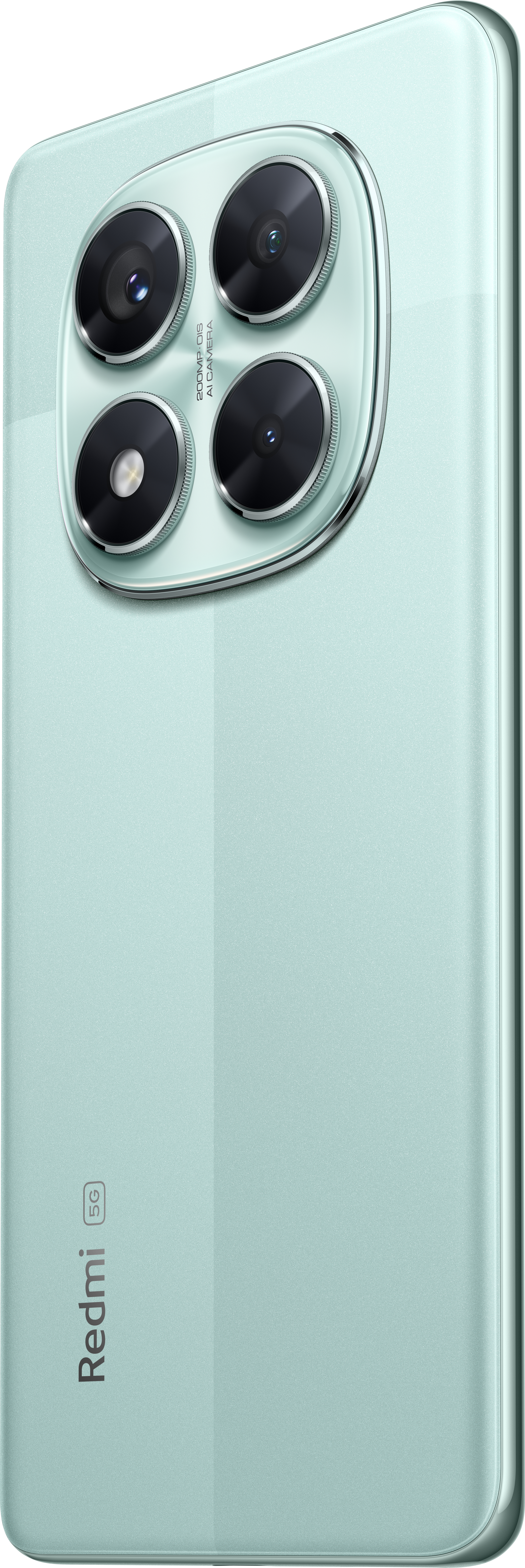 Minzgrünes Telefon mit vier Rückkameras und einem Redmi-Logo. Das Telefon ist leicht angewinkelt.
