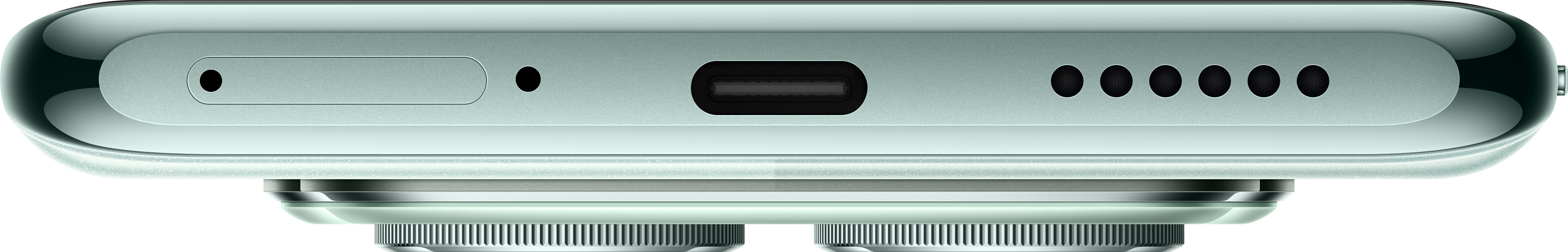 Ansicht der Unterseite eines mintgrünen Telefons. Es hat einen USB-C-Anschluss, Lautsprecherlöcher und andere Komponenten.