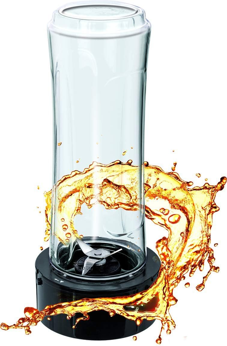 Przezroczysty blender z rozpryskiem pomarańczowego płynu. Blender ma czarną podstawę i przezroczysty pojemnik.