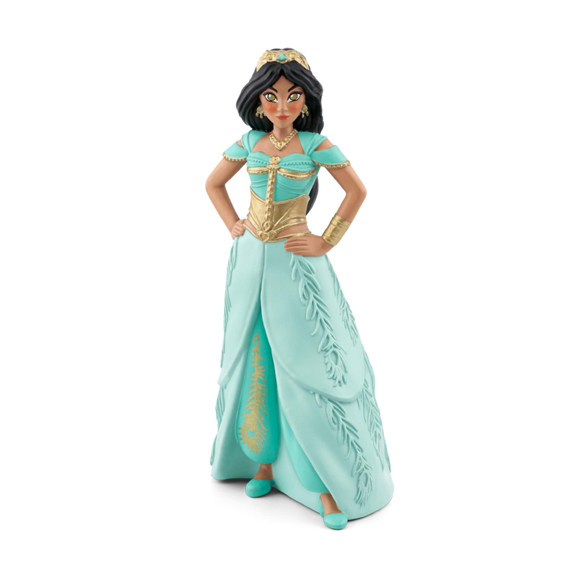 Jasmine-Figur in türkis-goldenem Kleid, Hände in den Hüften, weißer Hintergrund.