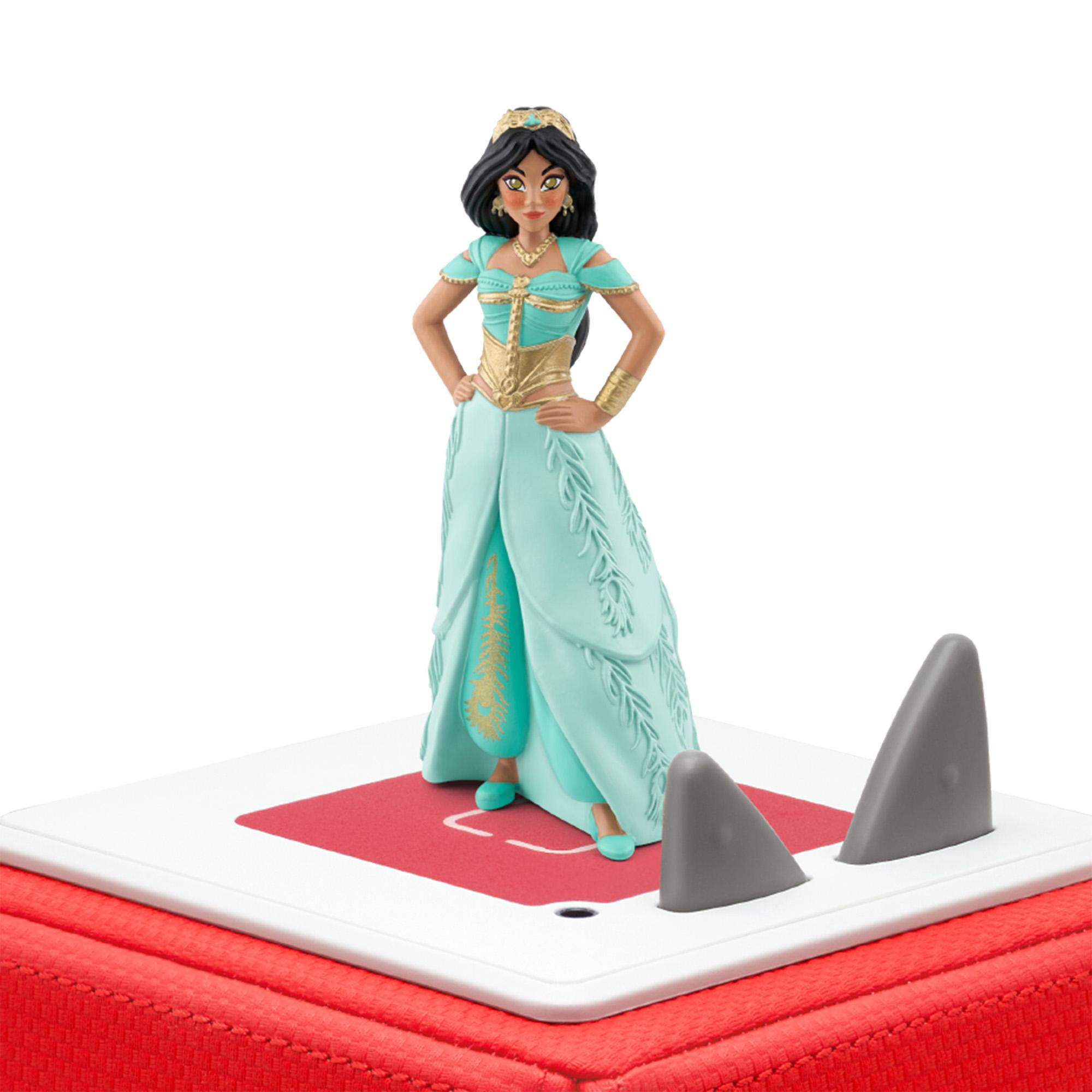 Jasmine-Figur, steht auf roter Basis, mit Haifischflossen.