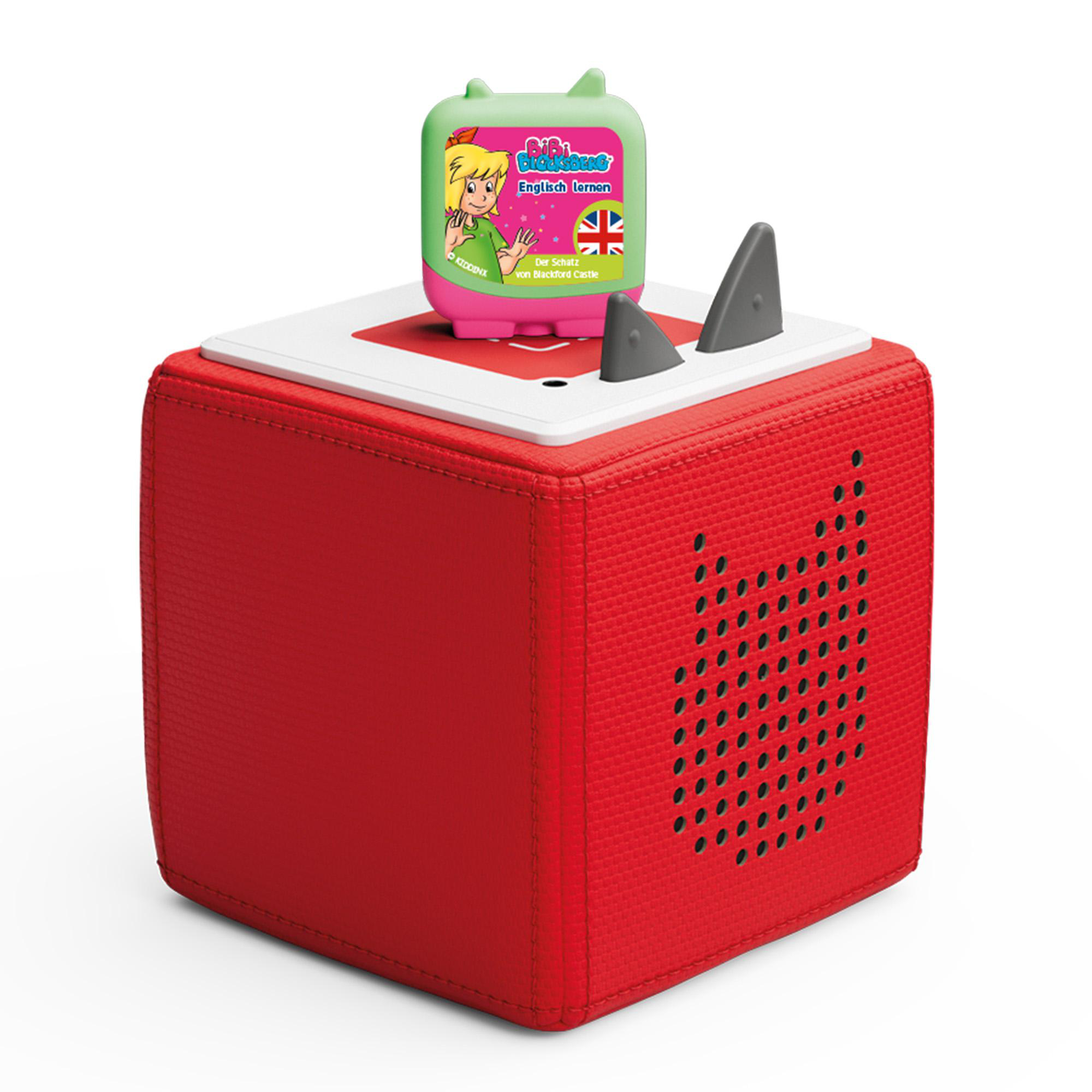 Ein roter, quadratischer Audioplayer mit grünem Deckel, einer rosa Figur und zwei grauen Haifischflossen.