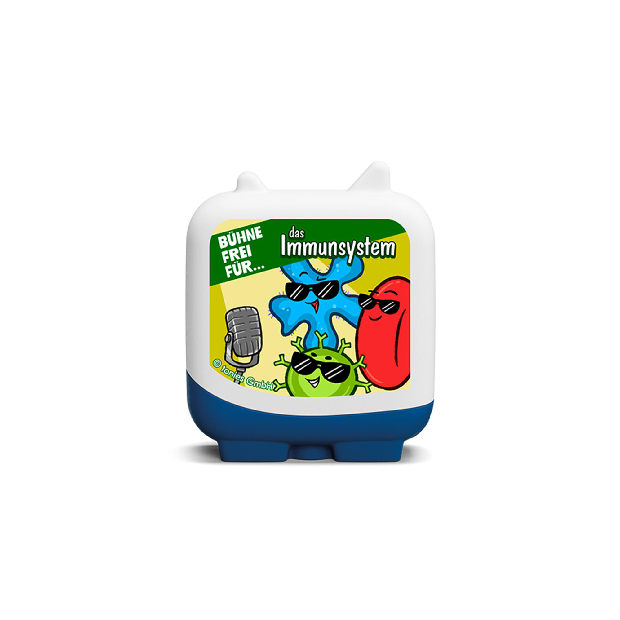 Ein weiß-blaues Spielzeug mit Comicfiguren und Text auf weißem Grund.