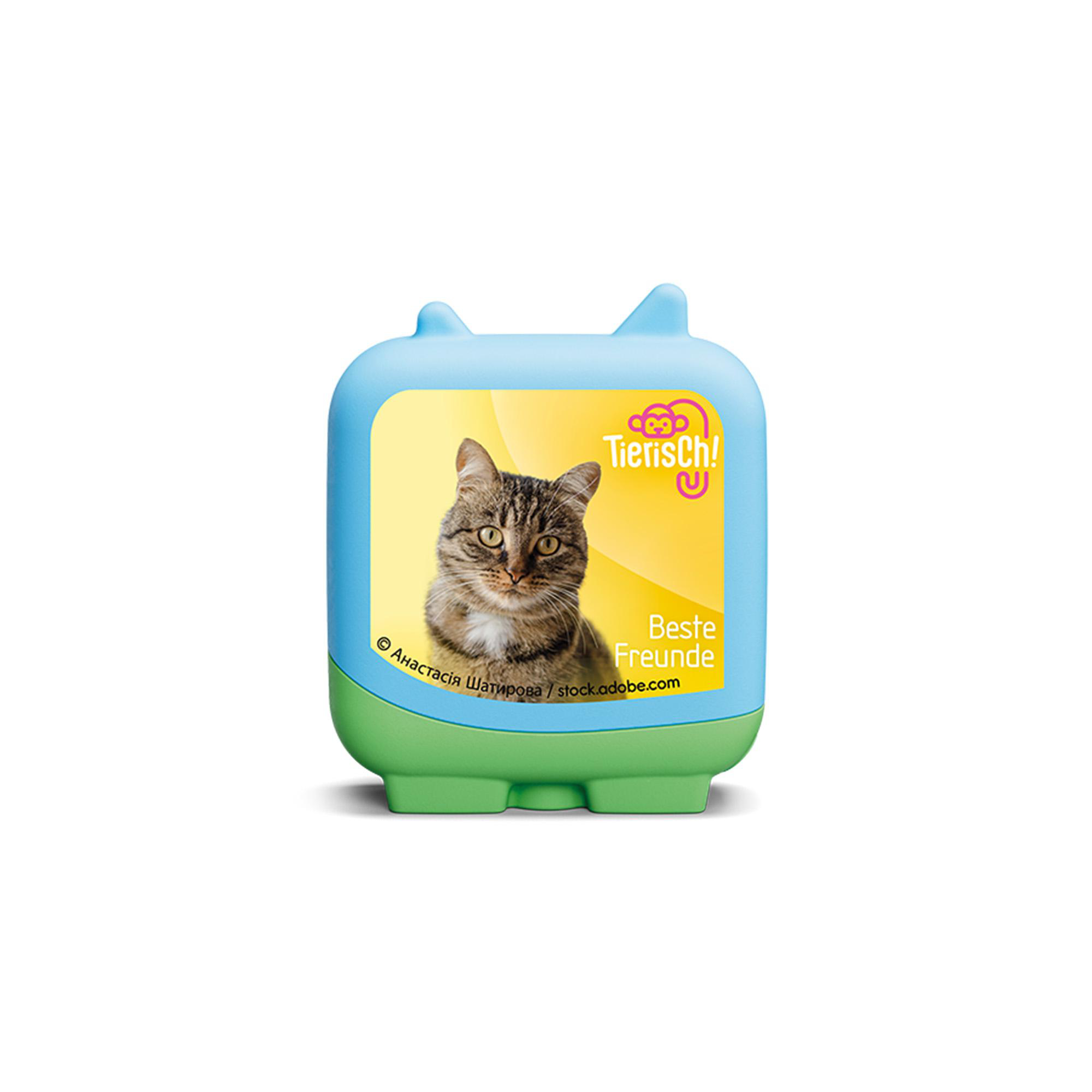 Ein blau-grünes Gerät mit Katzenbild. Es steht 'Tierisch! Beste Freunde' und hat ein Katzenbild.