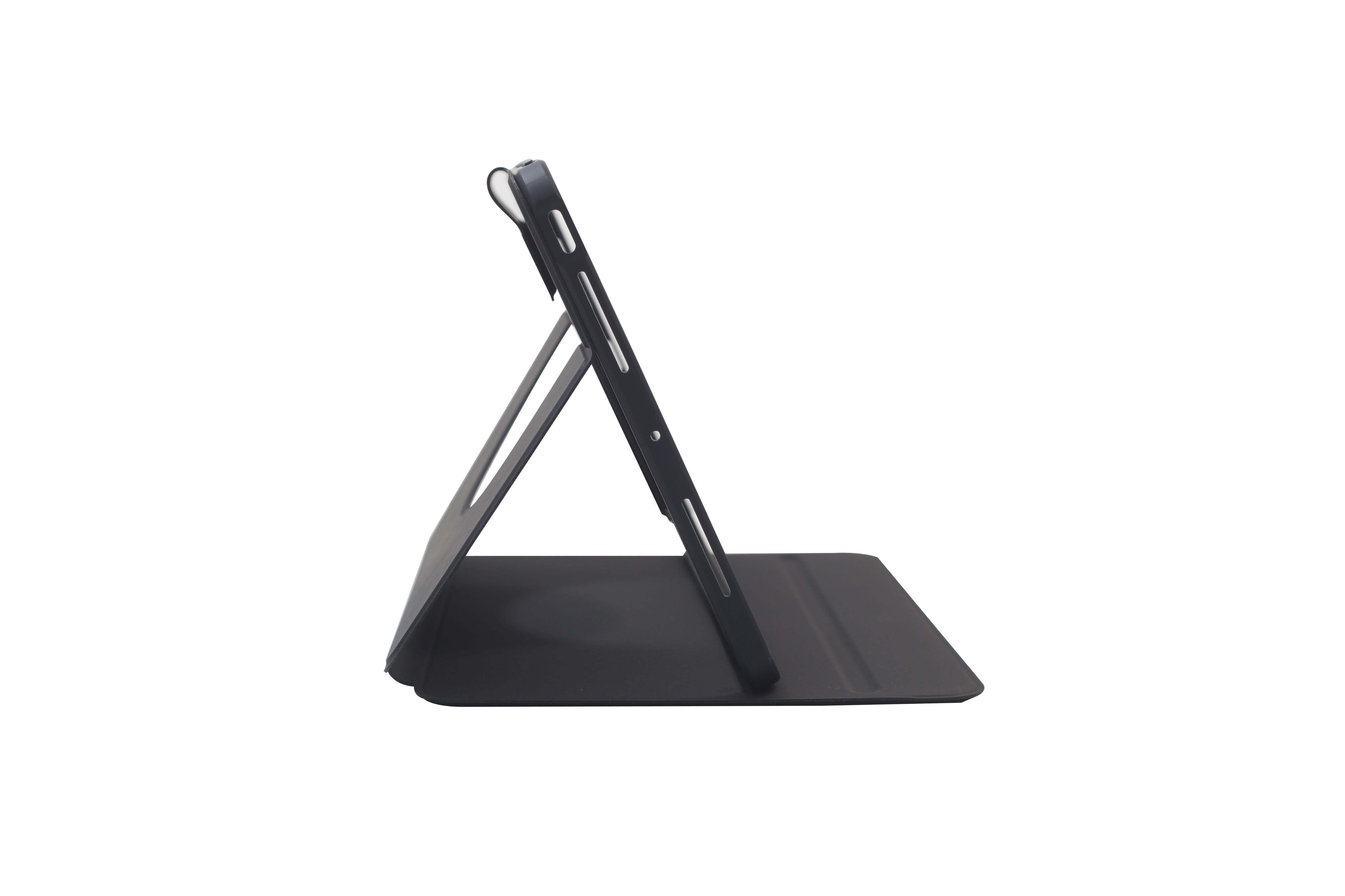 Eine schwarze Tablet-Hülle mit einem Tablet im Inneren, von der Seite gezeigt, wobei die Hülle als Ständer fungiert.
