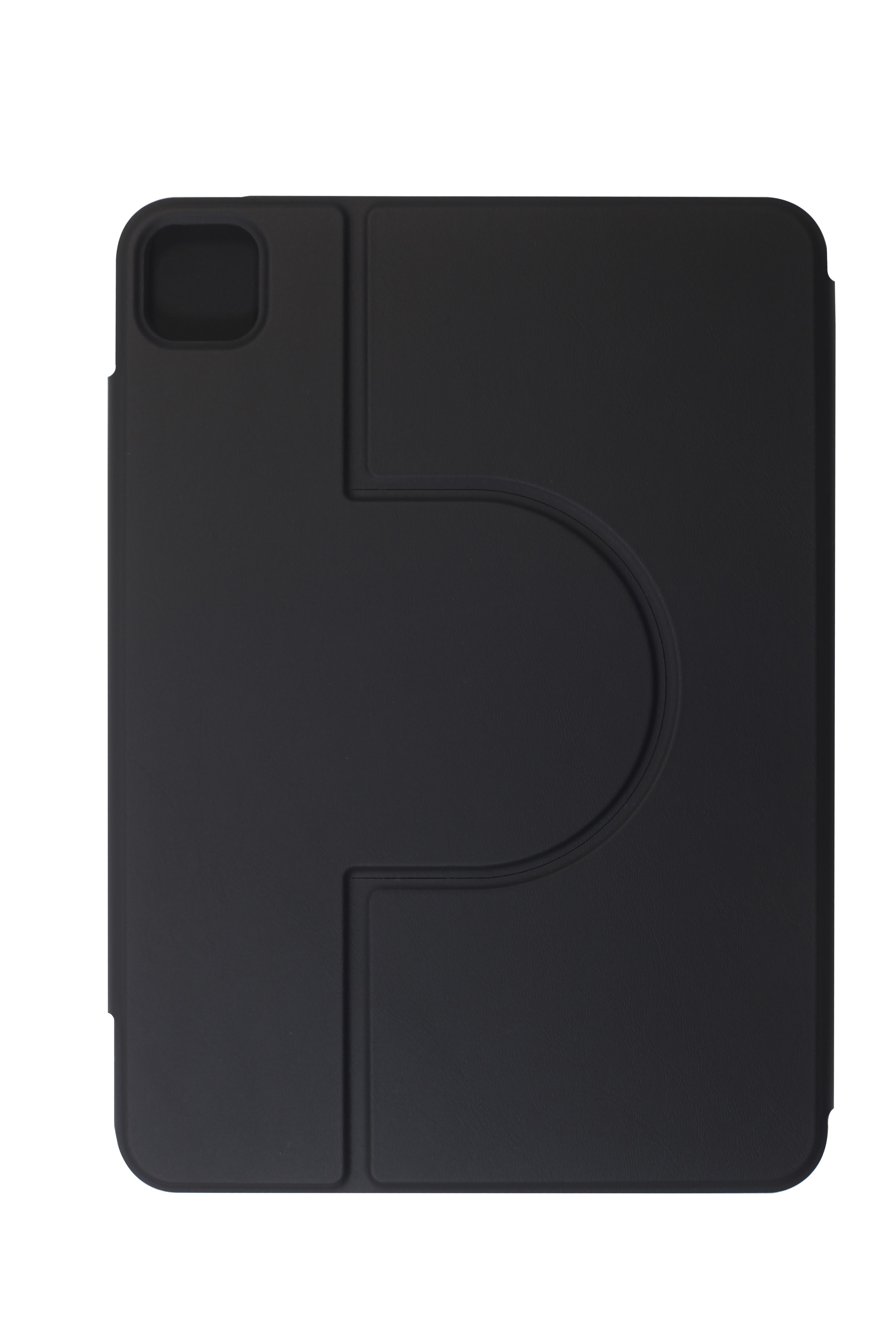 Schwarze Tablethülle mit Falt-Design, zeigt eine gebogene Öffnung auf weißem Hintergrund.