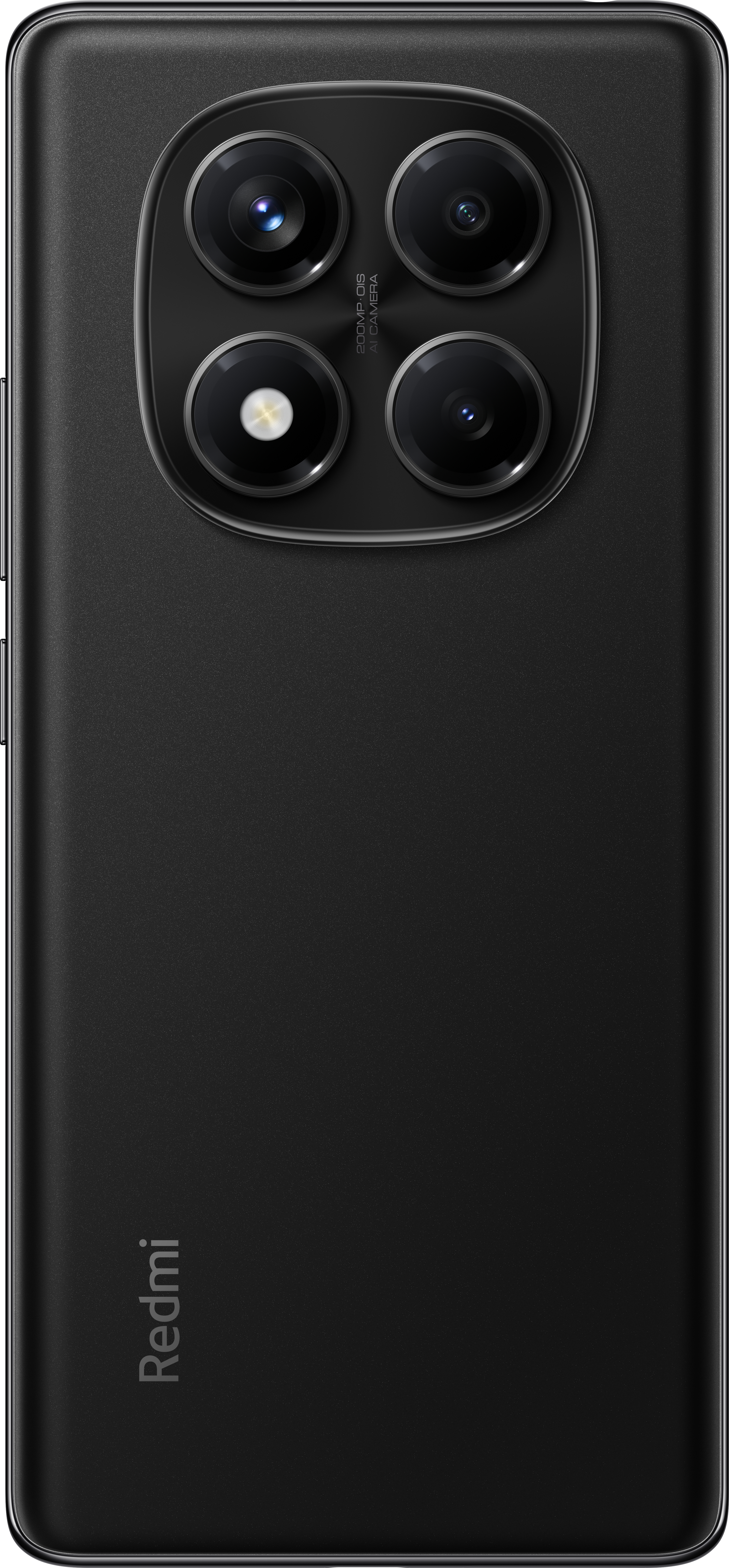Die Rückseite eines schwarzen Smartphones mit mehreren Kameralinsen und dem Redmi-Logo unten.