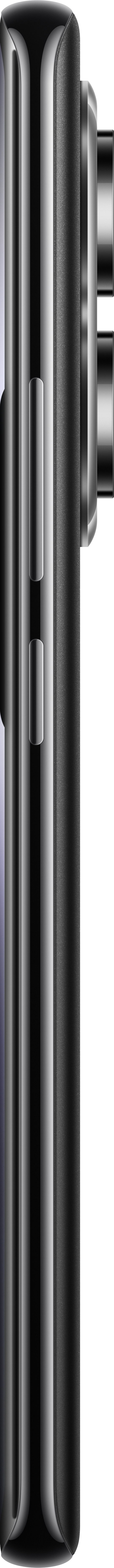 Seitenansicht eines metallgrauen Smartphones, mit Seitentasten und Kamerahöcker.
