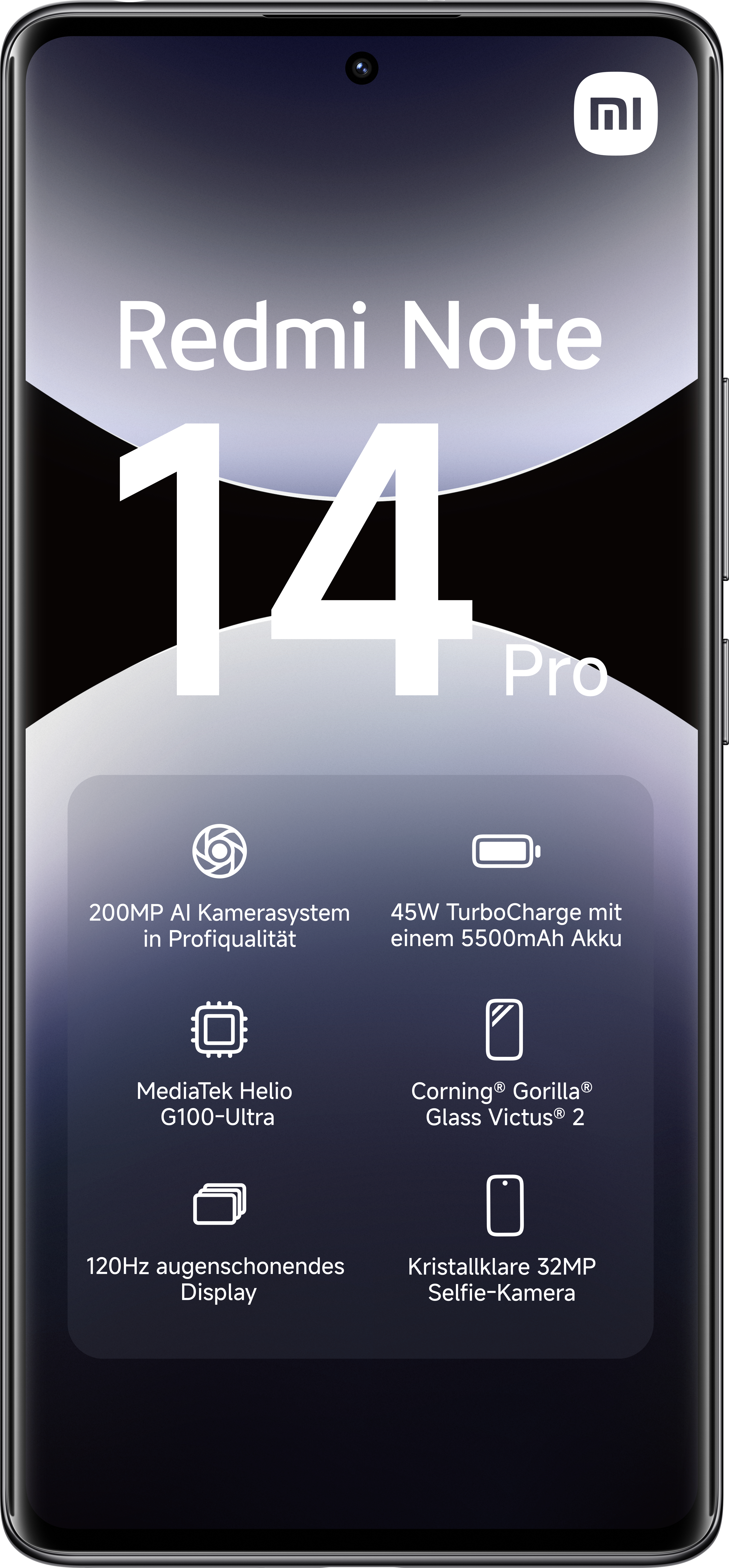 Smartphone mit Text: Redmi Note 14 Pro, verschiedene Funktionssymbole.