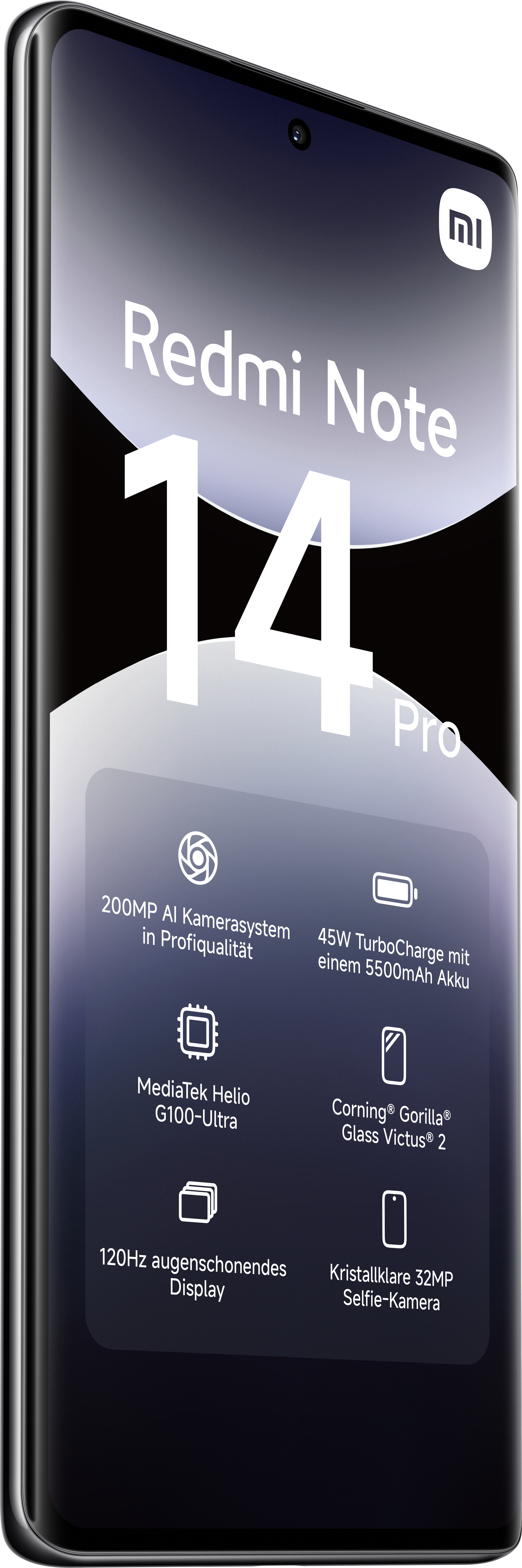 Ein Smartphone mit Text: Redmi Note 14 Pro. Merkmale sind unter dem Text aufgeführt.