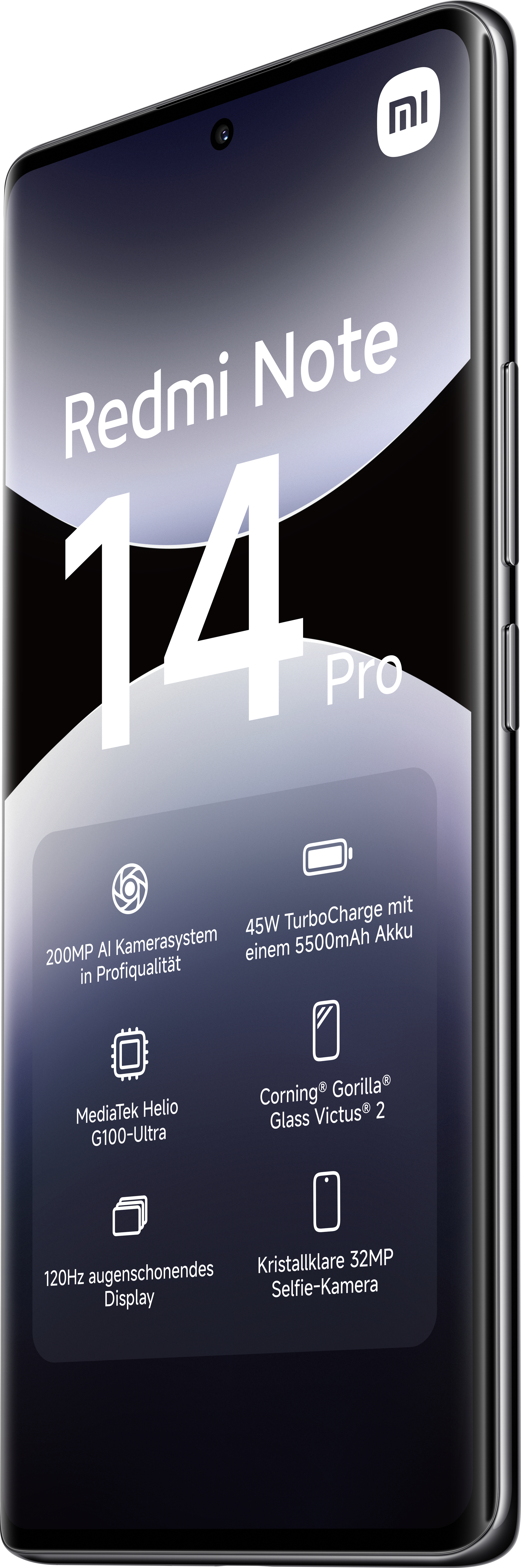 Ein schwarz-silbernes Smartphone mit dem Redmi-Logo, mit einem Bildschirm, der Text zeigt.