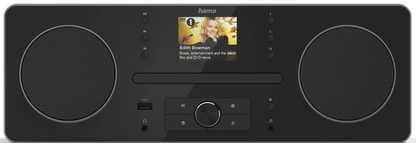 Radio noire avec écran, USB et boutons ; affiche une image.
