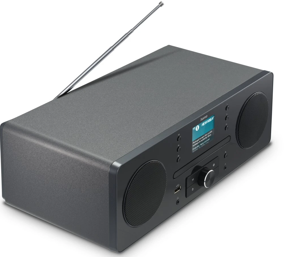 L'arrière d'une radio noire avec ports et antenne.