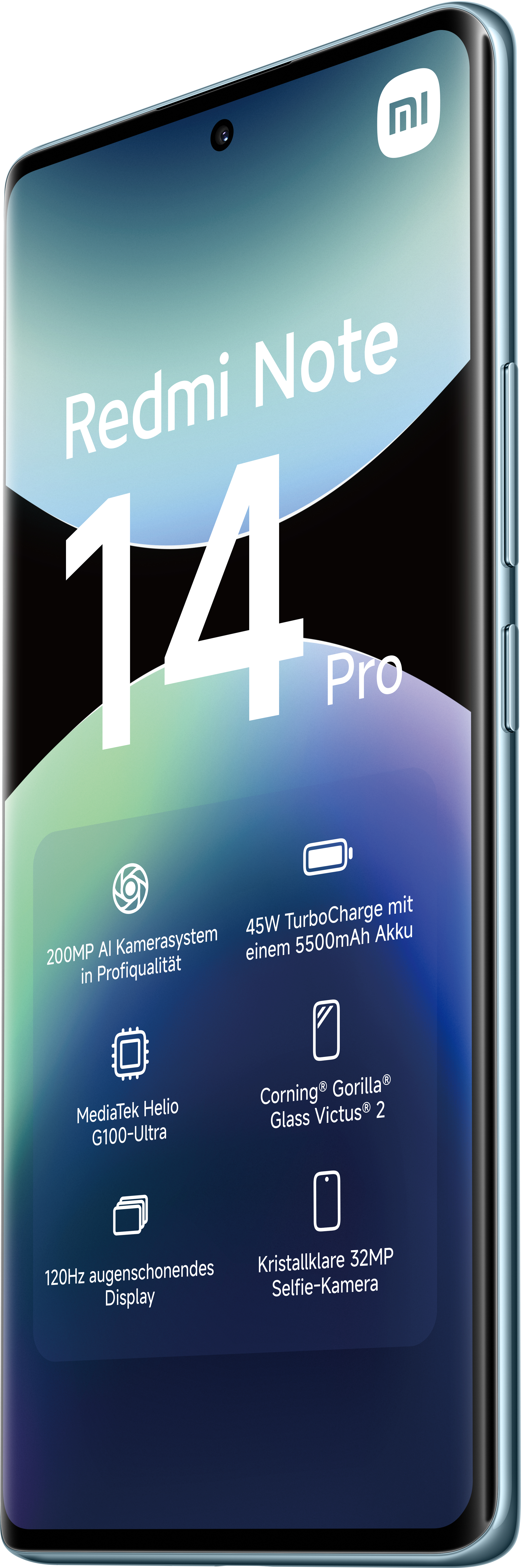 Blaues Smartphone mit Text und Symbolen. Marke Xiaomi.