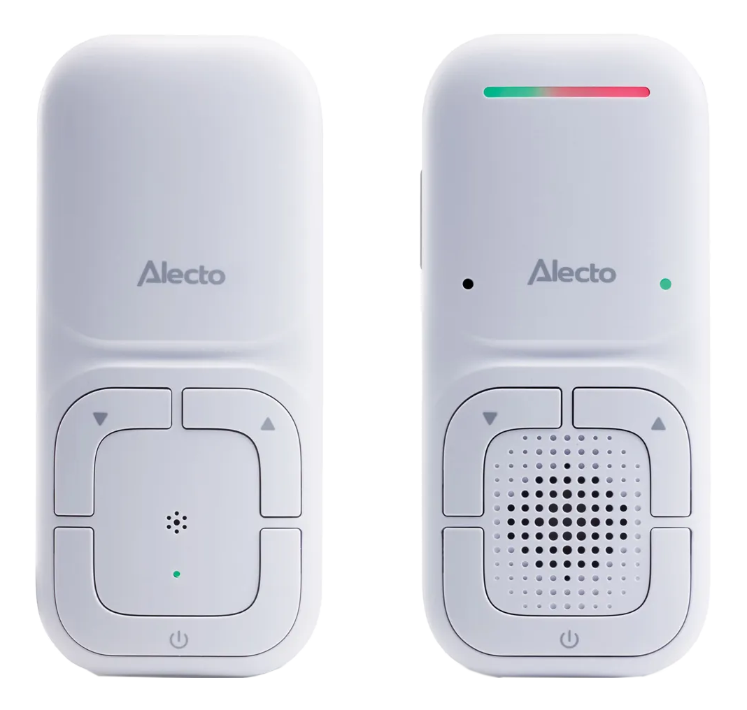 Due baby monitor Alecto bianchi. Uno ha luce verde, pulsanti e altoparlante. L'altro ha luci rosse e verdi, pulsanti e altoparlante.