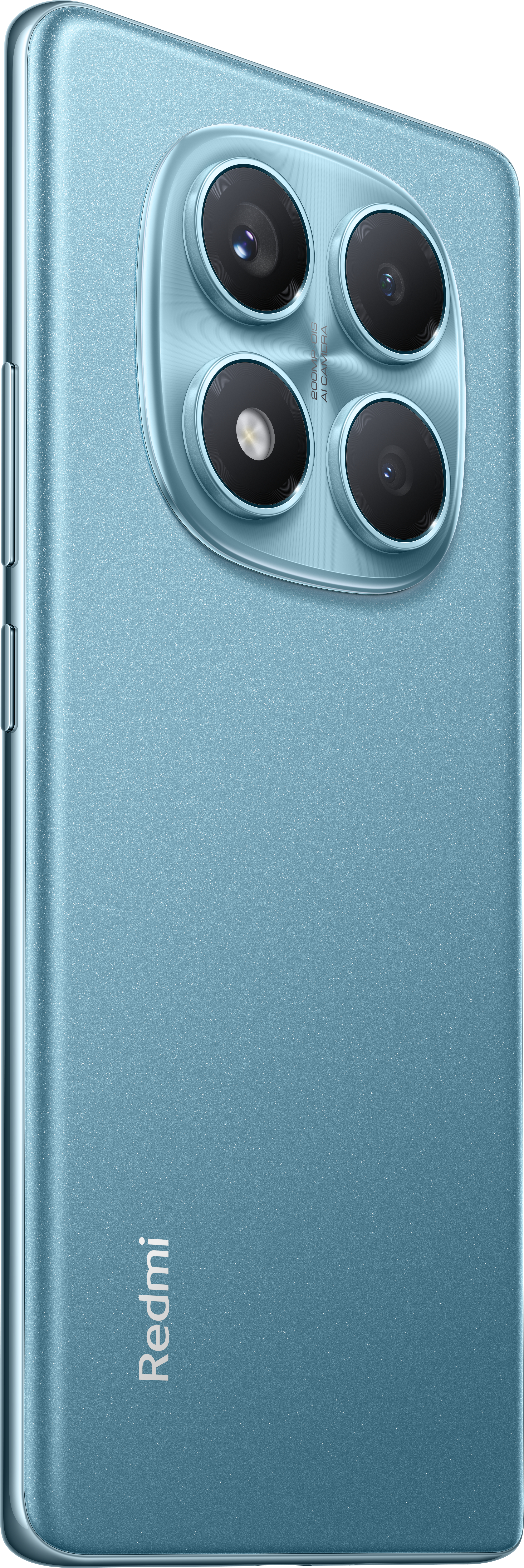 Ein blaues Telefon auf weißem Hintergrund mit vier Kameralinsen auf der Rückseite.