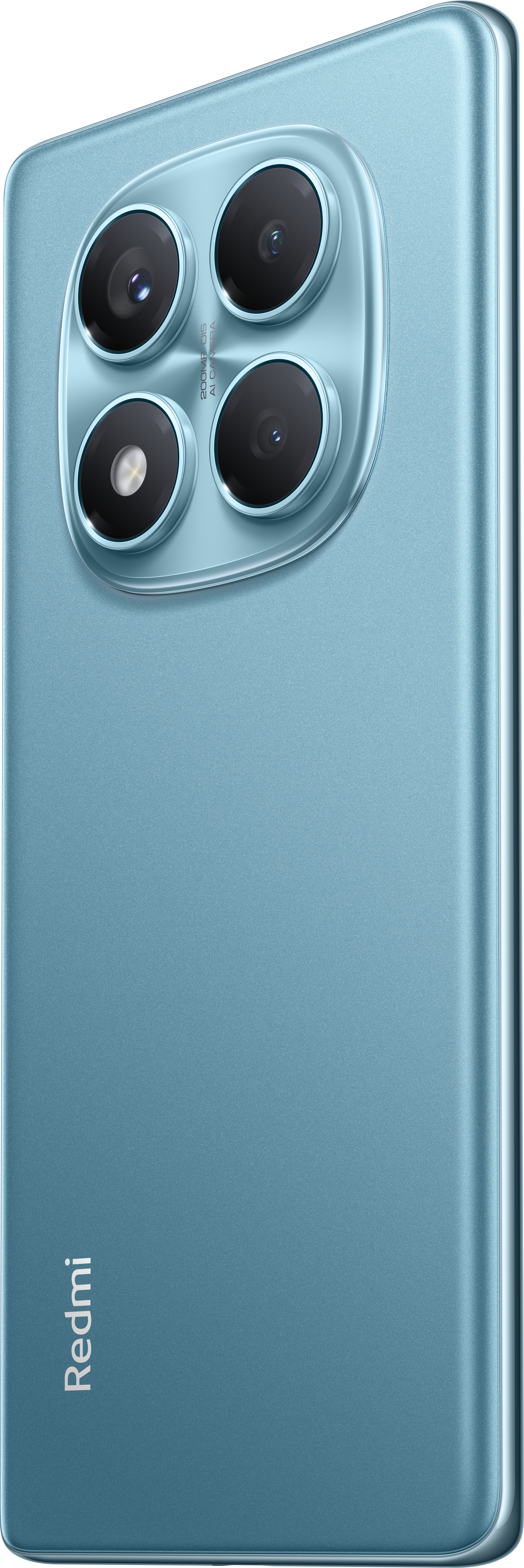 Blaue Smartphone-Rückseite mit kreisförmiger Kameraanordnung und Redmi-Logo.