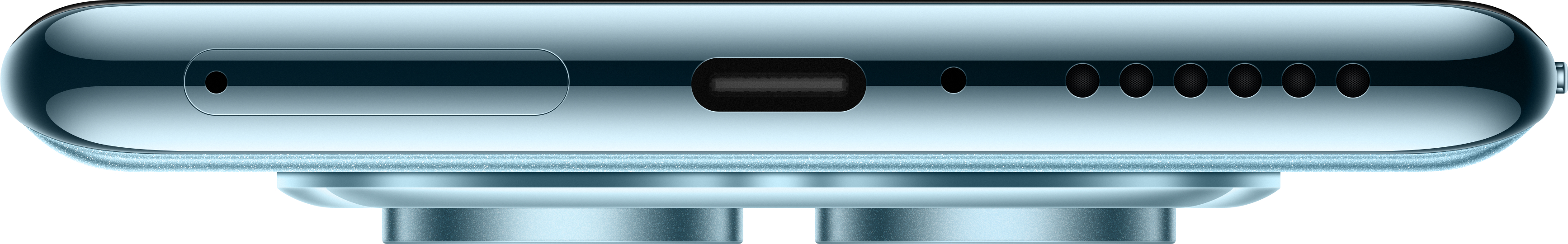 Nahaufnahme der Unterseite eines hellblauen Smartphones.
