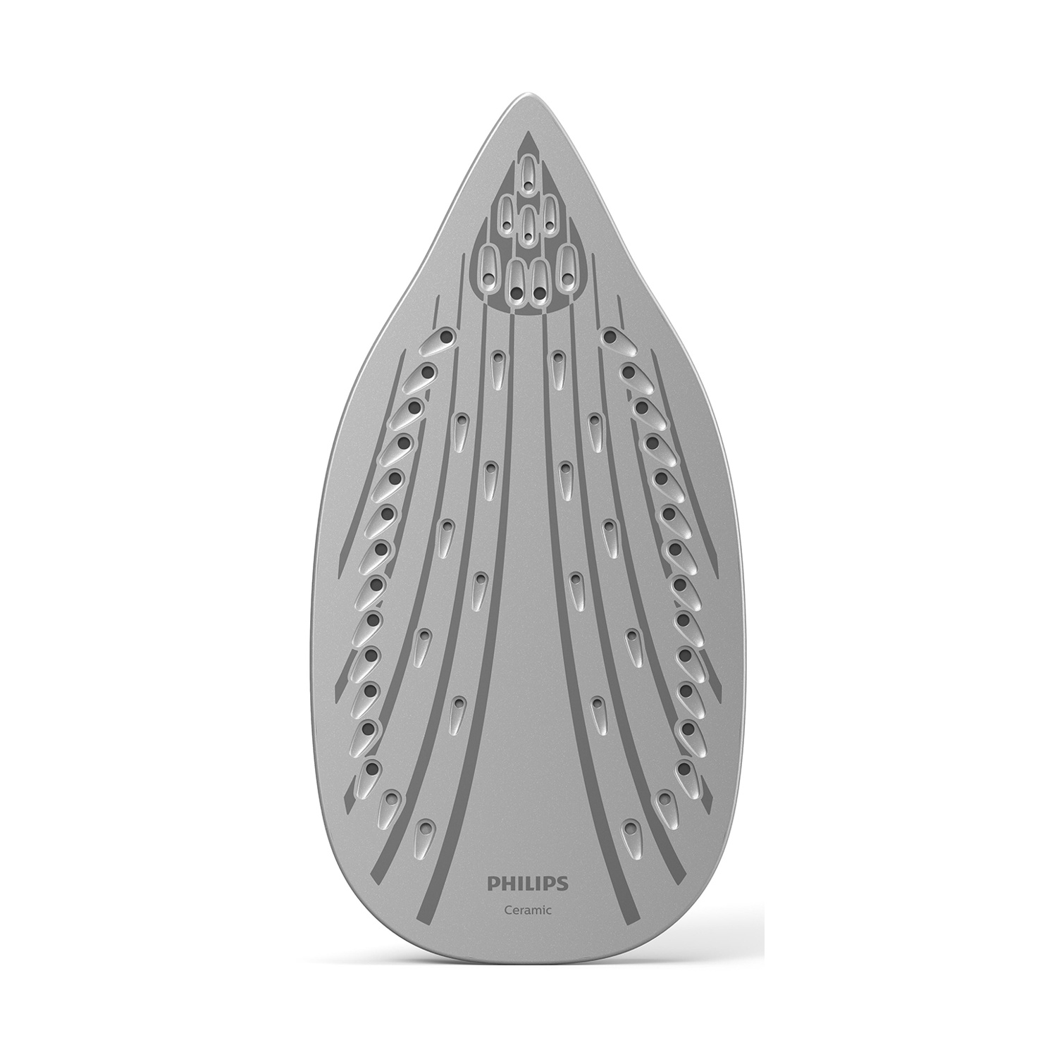 Una piastra del ferro da stiro grigia con fori e testo Philips e Ceramic su sfondo bianco.
