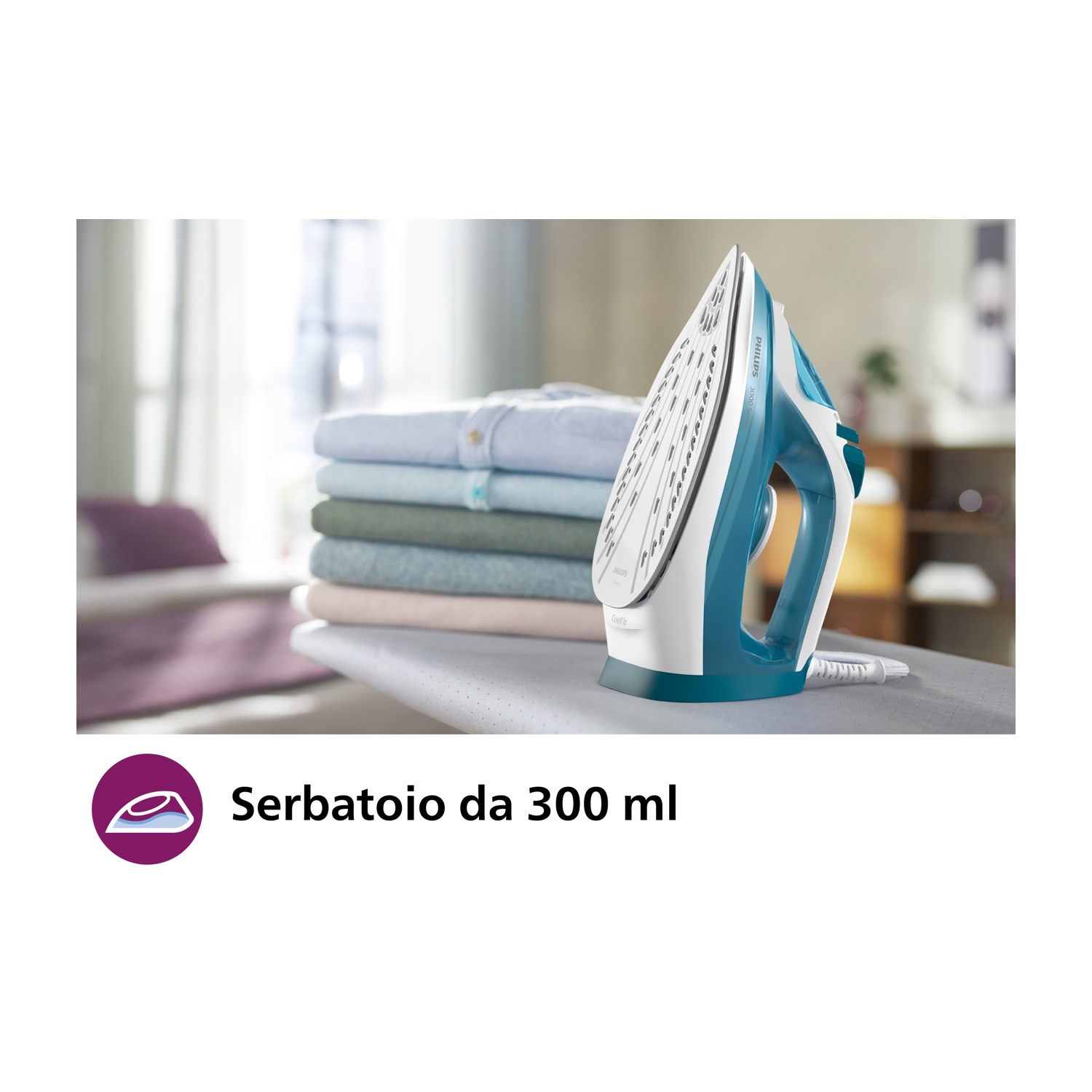 Ferro teal con vestiti e testo: serbatoio da 300 ml.