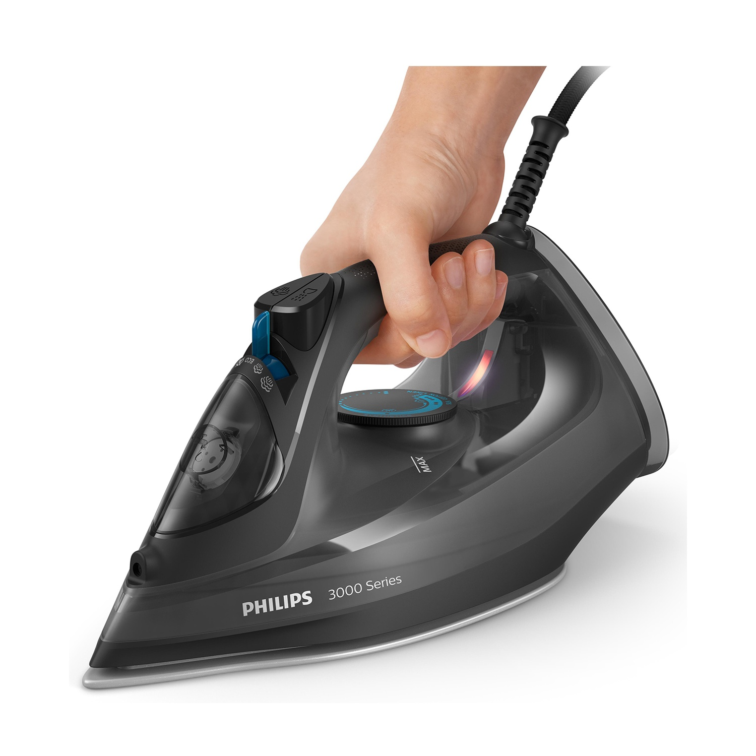 Mano che tiene un ferro scuro; serie Philips 3000.