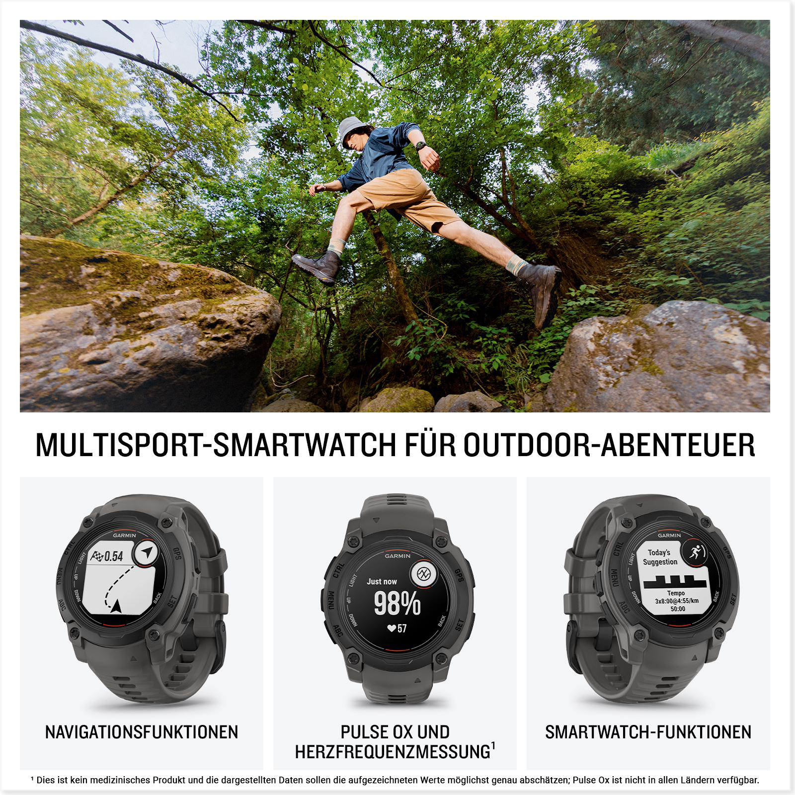 Mann springt über Felsen. Drei Uhren unten, mit Text.