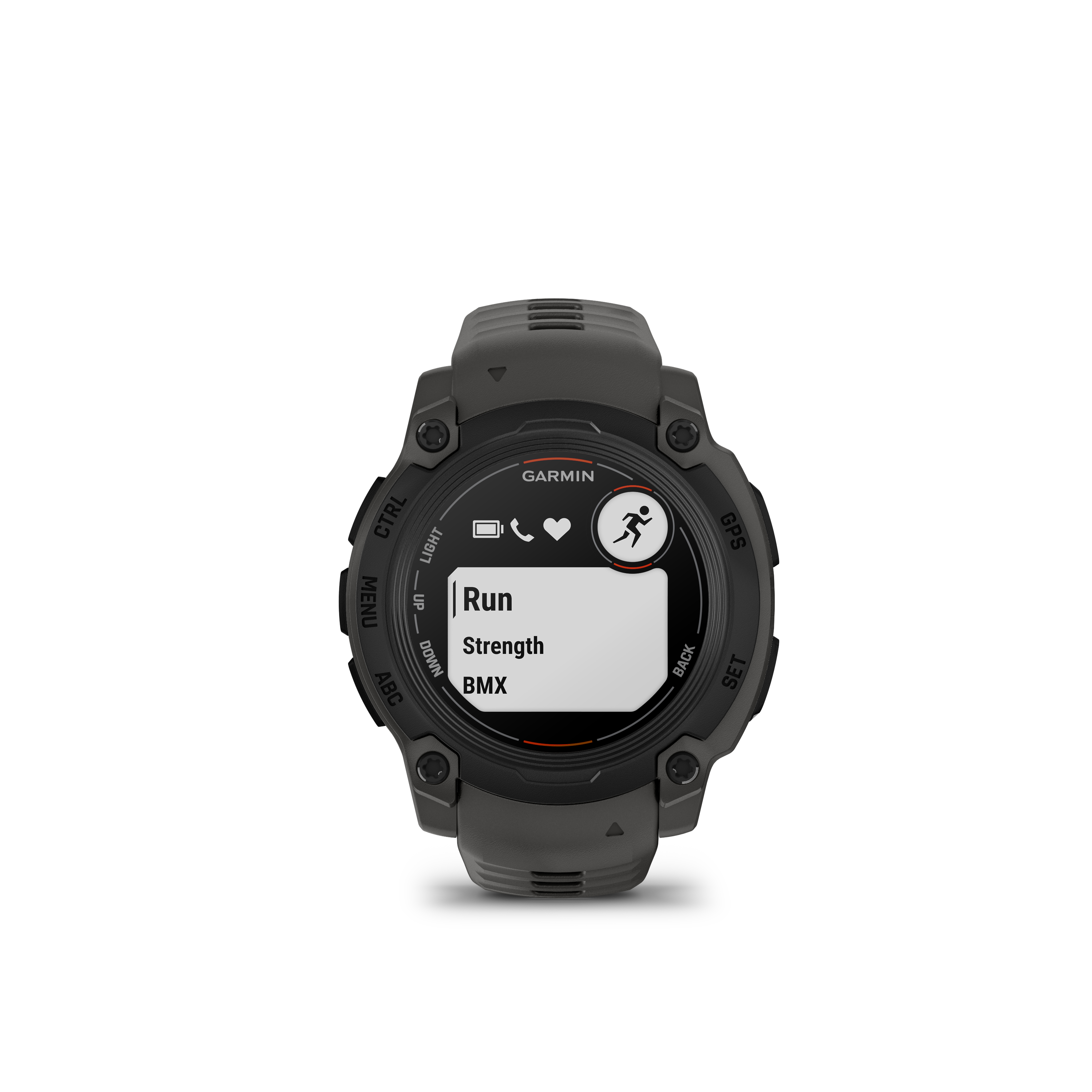 Dunkelgraue Garmin Instinct Uhr. Bildschirm zeigt 'Run, Strength, BMX'. Knöpfe an den Seiten. Weißer Hintergrund.