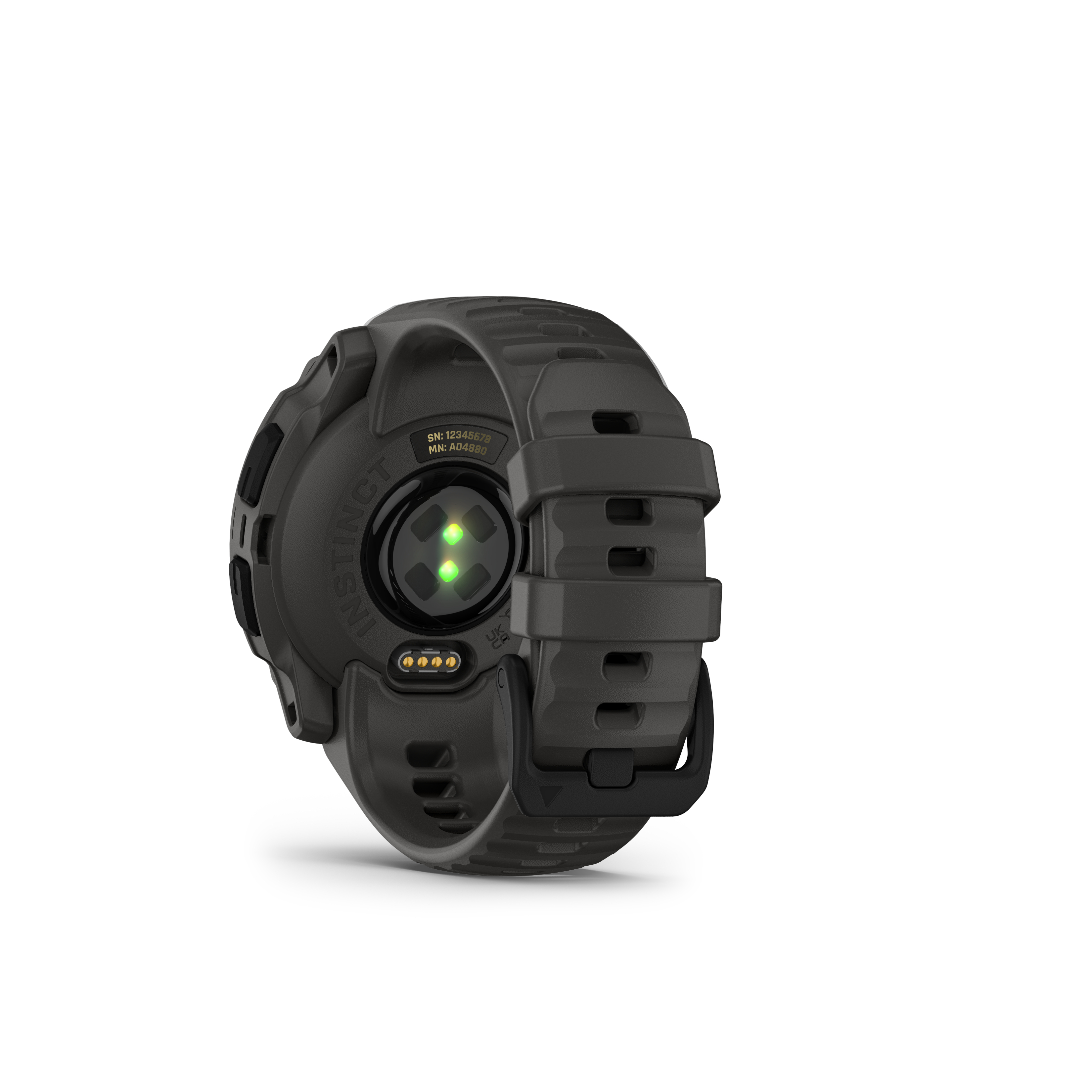Rückseite einer dunkelgrauen Garmin Instinct Uhr. Sensoren und Herzfrequenzmesser. Weißer Hintergrund.