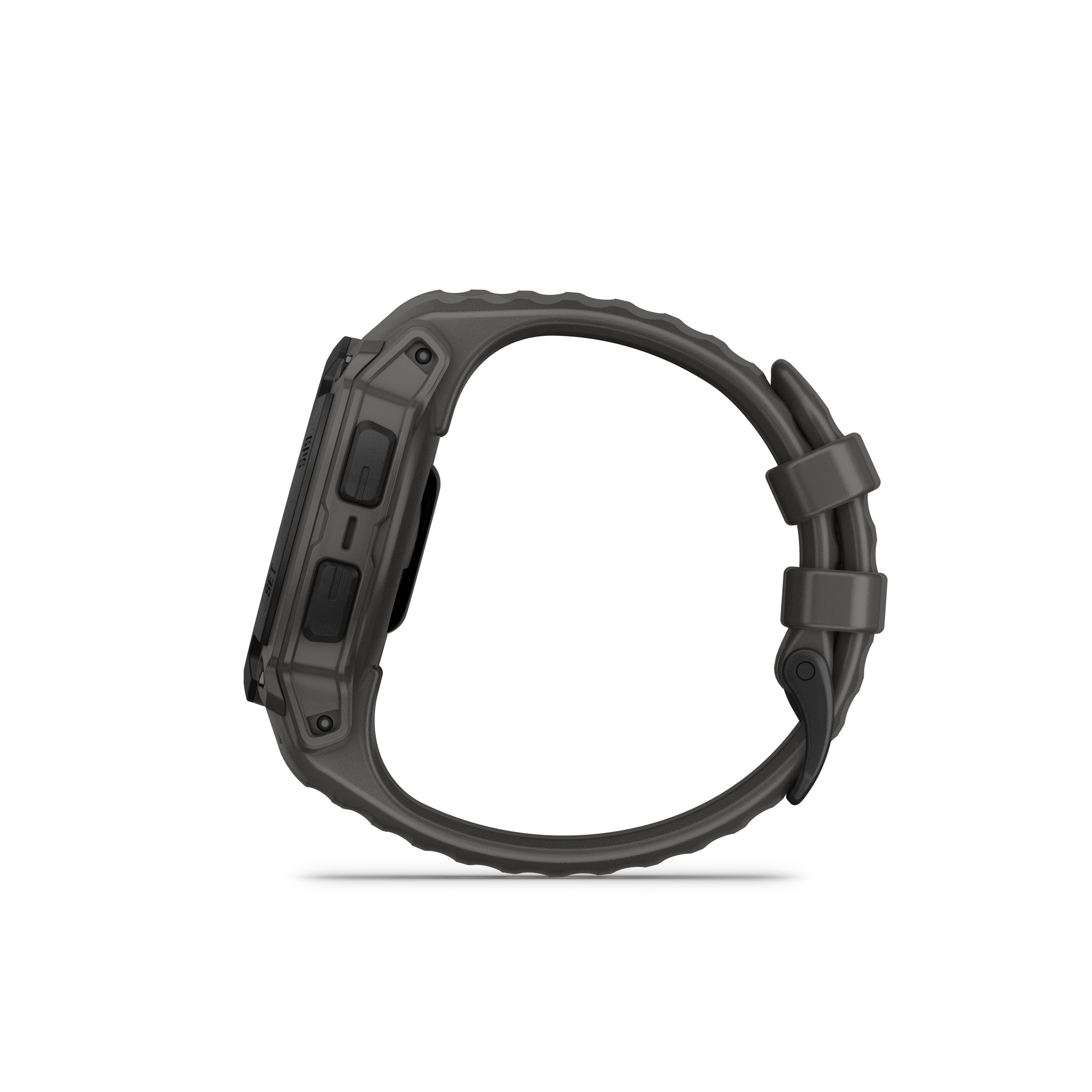 Dunkelgraue Garmin Uhr von der Seite. Zeigt Knöpfe und Armband. Weißer Hintergrund.