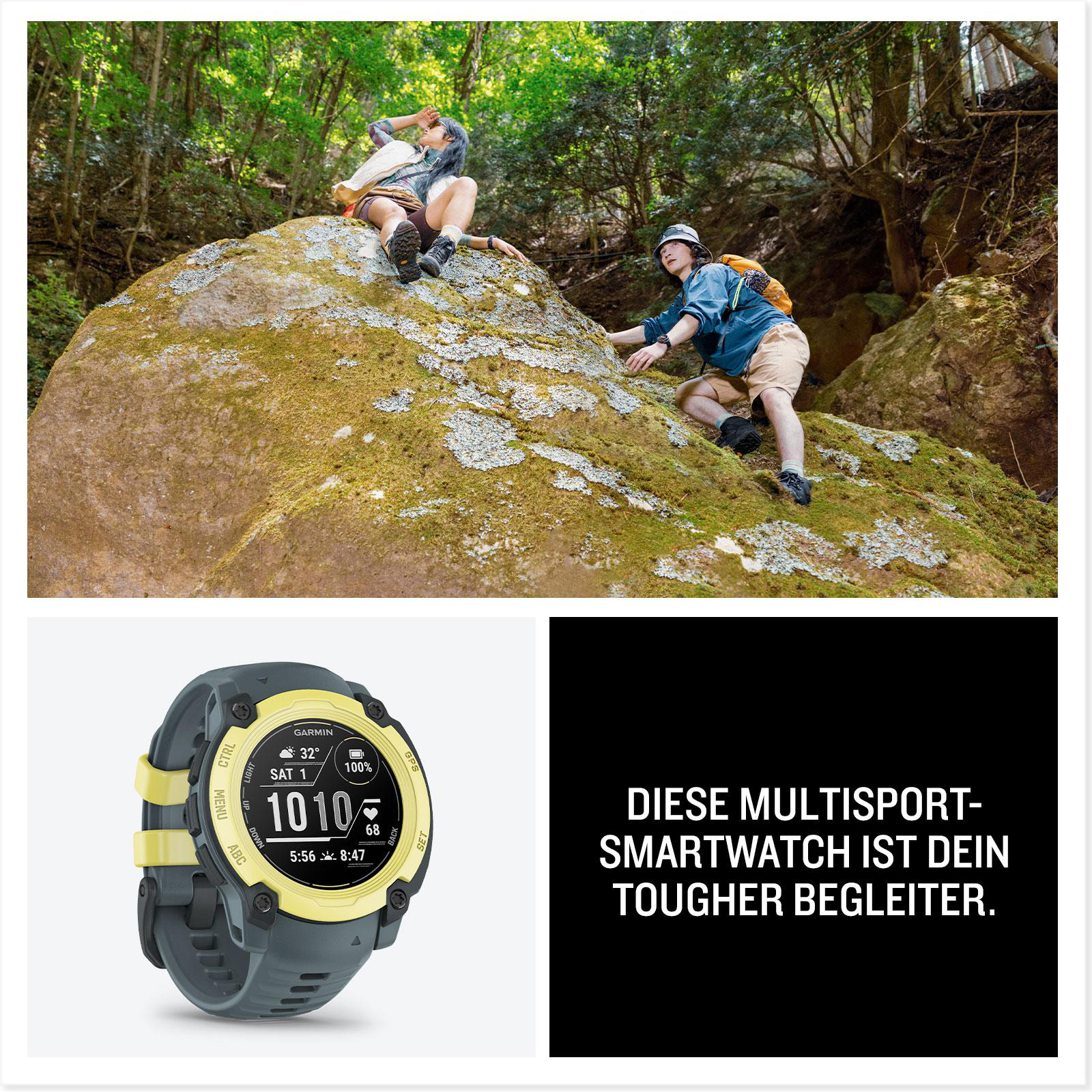 Paar auf einem Felsen mit Smartwatch und Text.