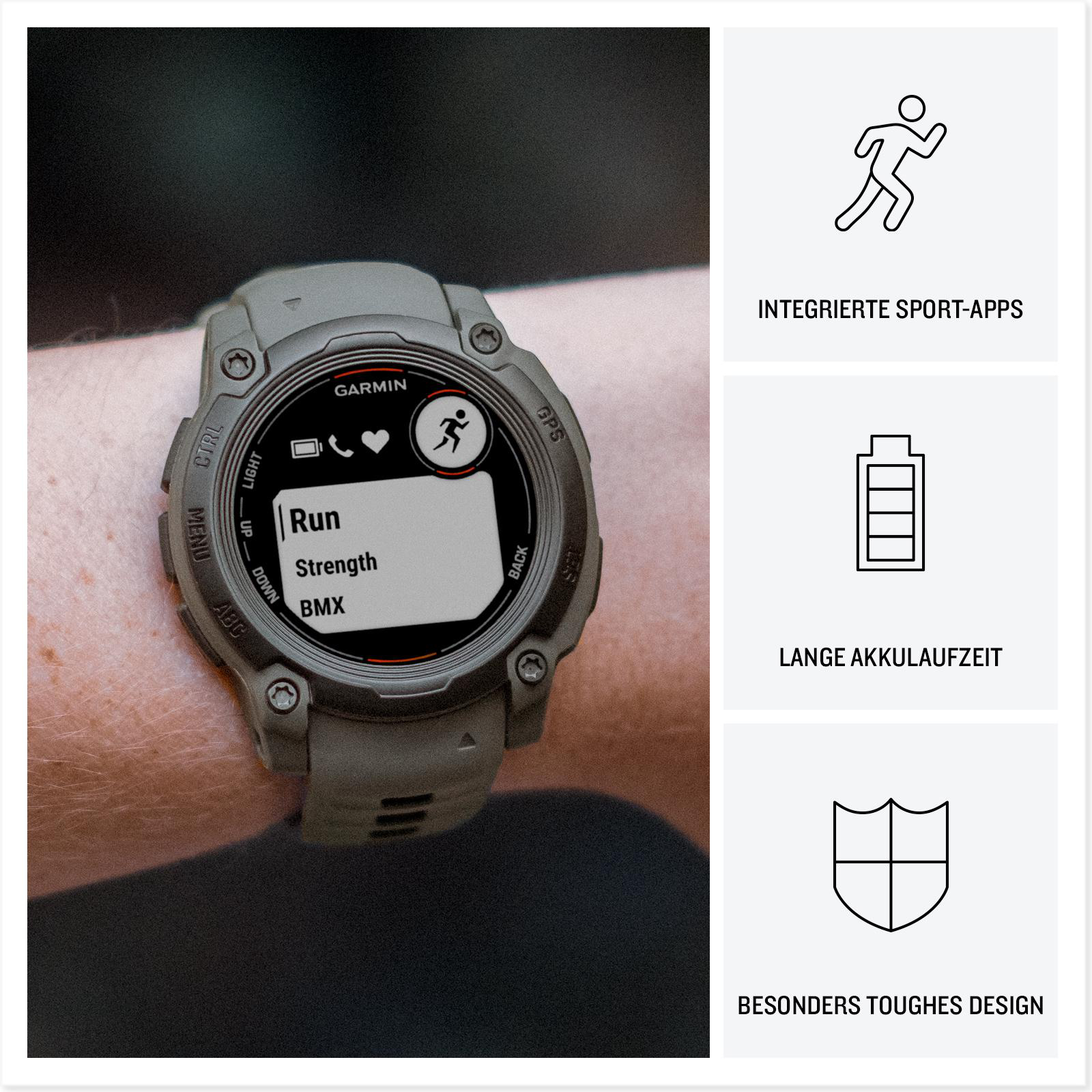 Eine Armbanduhr mit dem Garmin-Logo und Symbolen, die verschiedene Funktionen anzeigen.