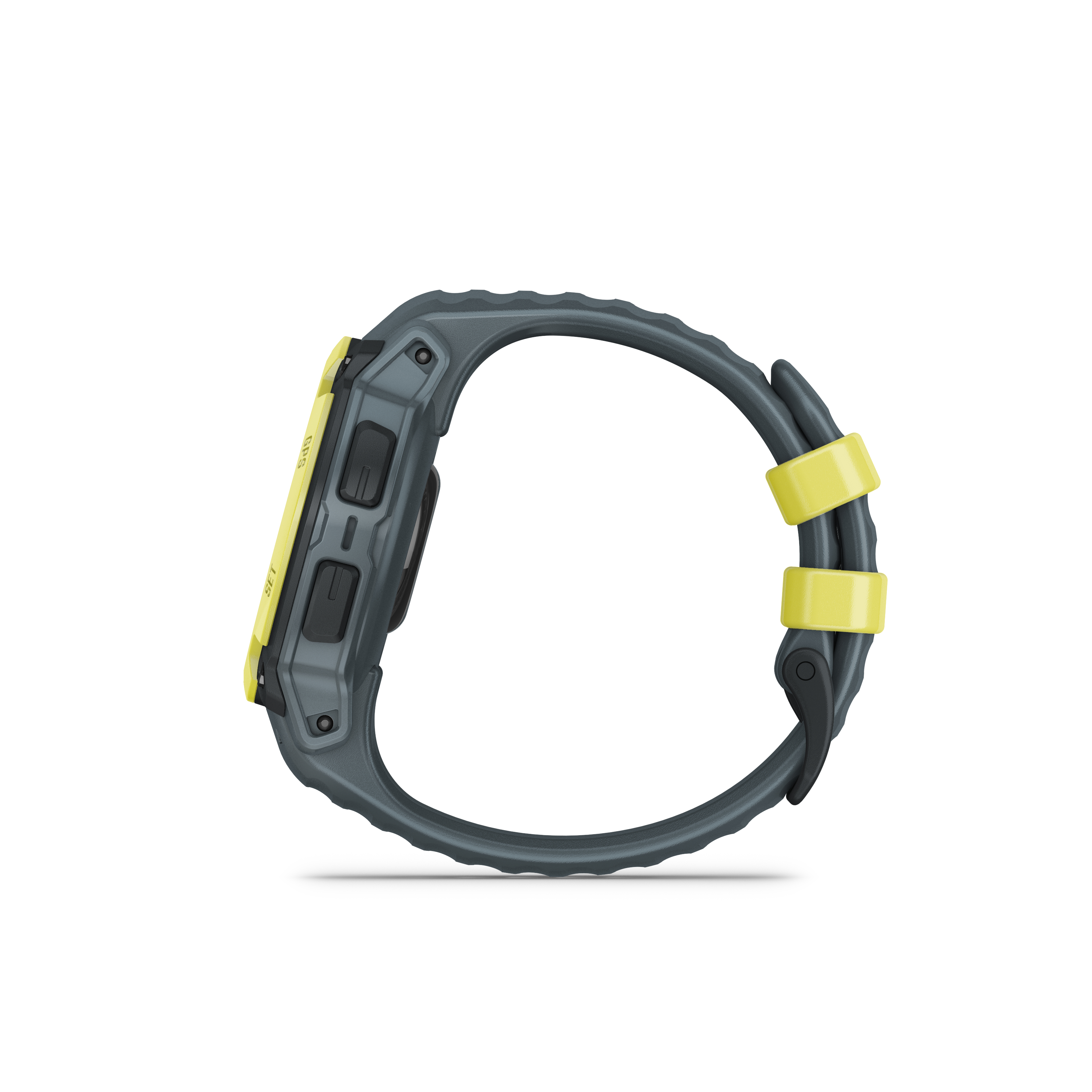 Dunkelgraue Garmin Uhr mit gelben Bändern, Seitenansicht. Zeigt Knöpfe und Armband. Weißer Hintergrund.