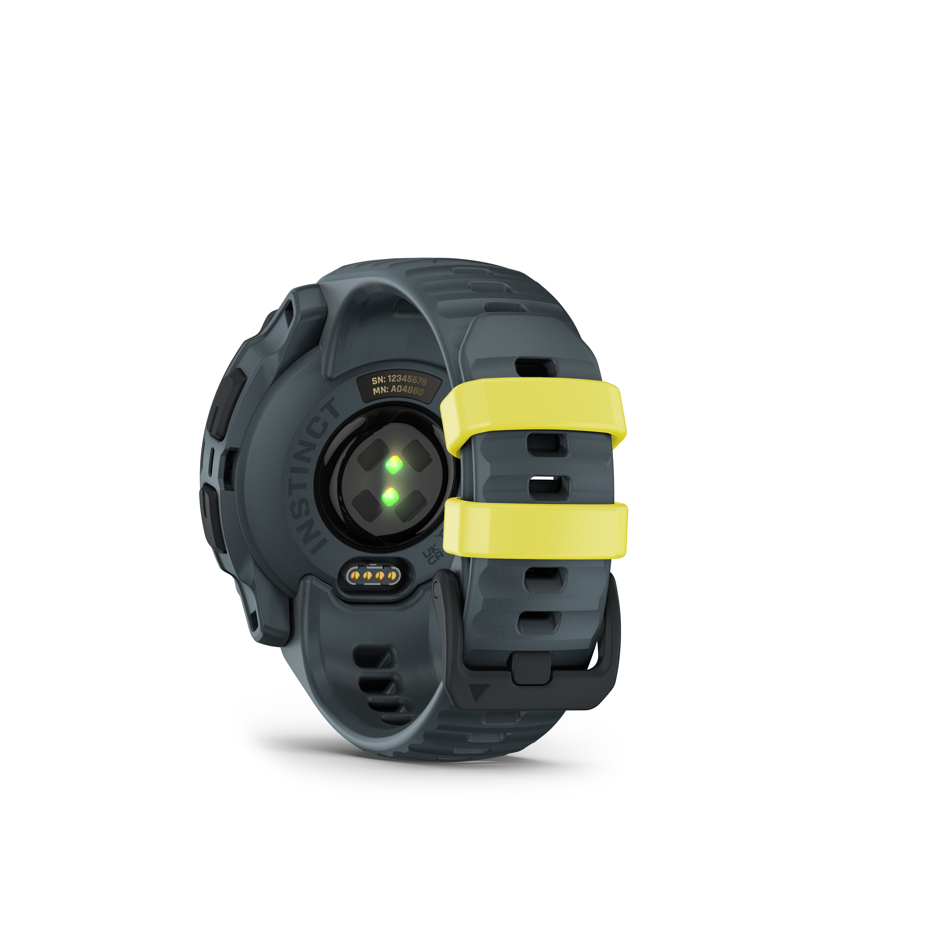 Rückseite einer dunkelgrauen Garmin Uhr mit gelben Bändern. Sensoren und Herzfrequenzmesser. Weißer Hintergrund.