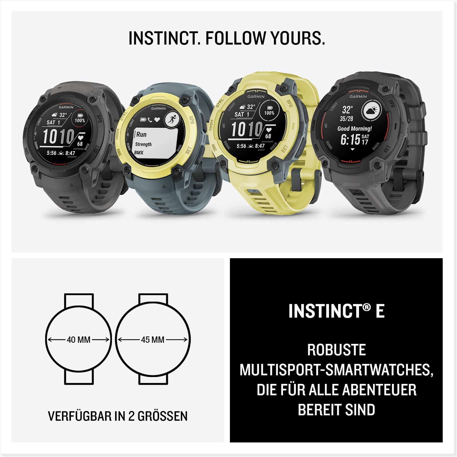 Vier Garmin Instinct Smartwatches in verschiedenen Farben. Text: 'Instinct® E. Robuste Multisport-Smartwatches, die für alle Abenteuer bereit sind'.
