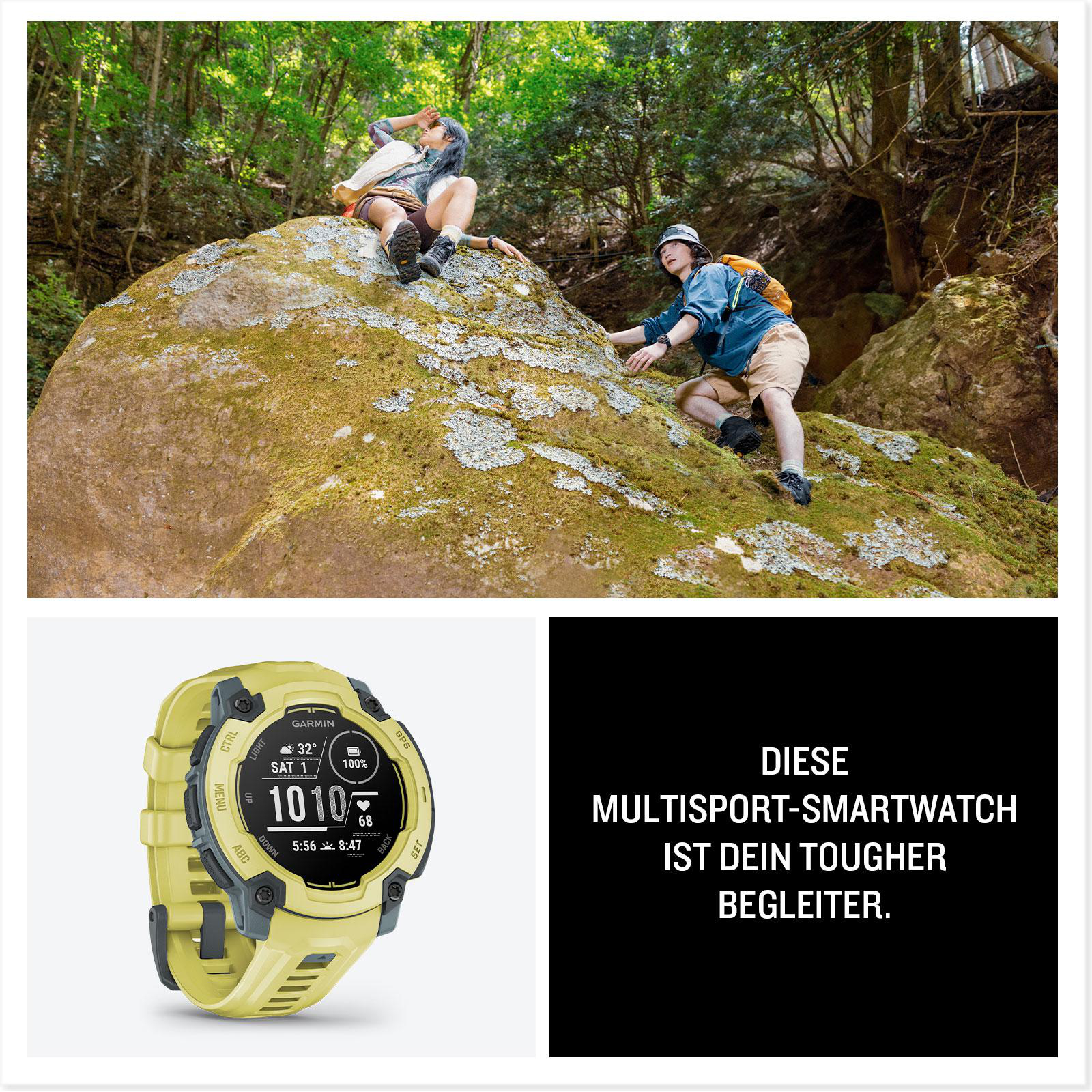 Wanderszene mit Personen auf einem Felsen und einer Uhr unten.
