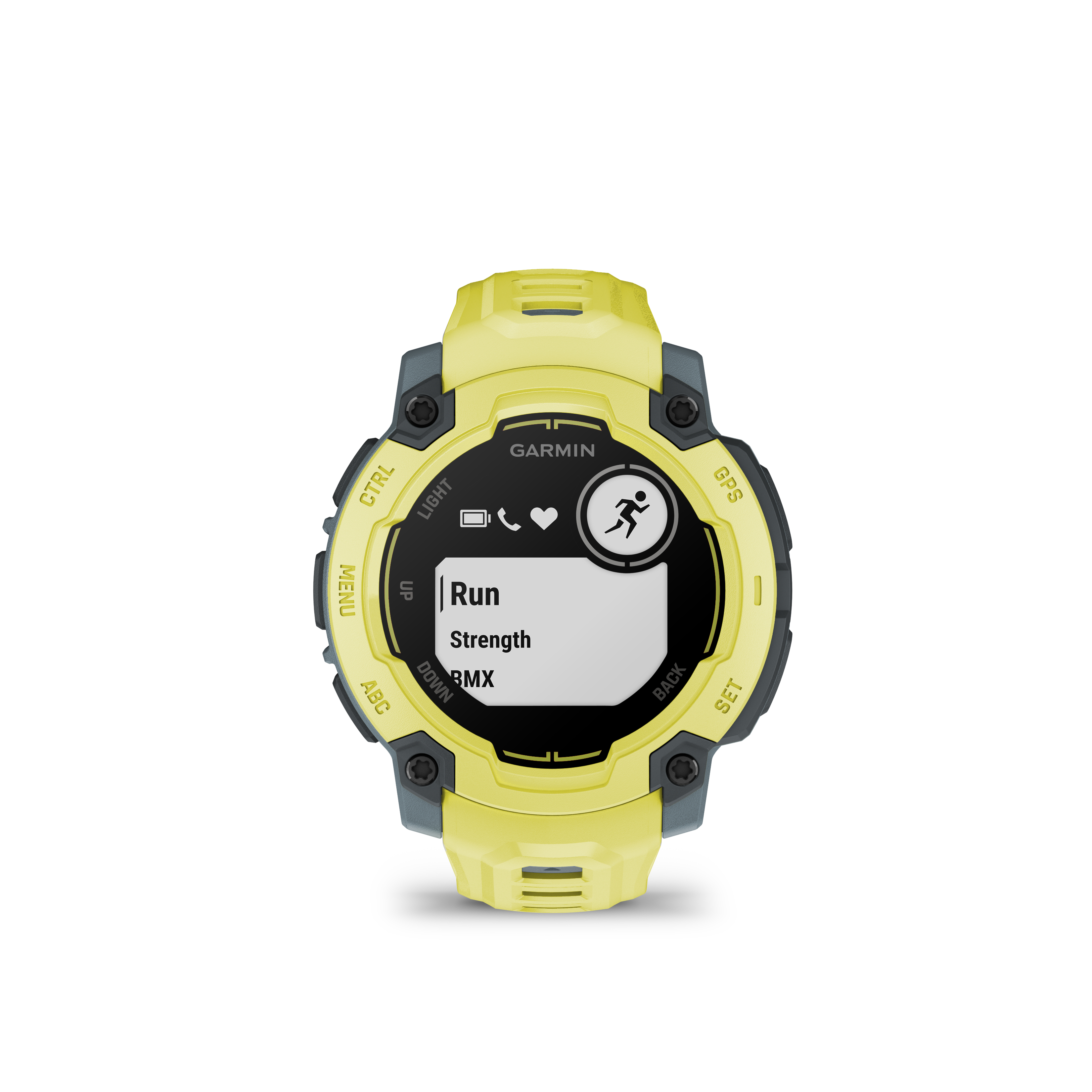 Gelbe Garmin-Smartwatch, Bildschirm zeigt Laufaktivität mit Laufen, Kraft, BMX.