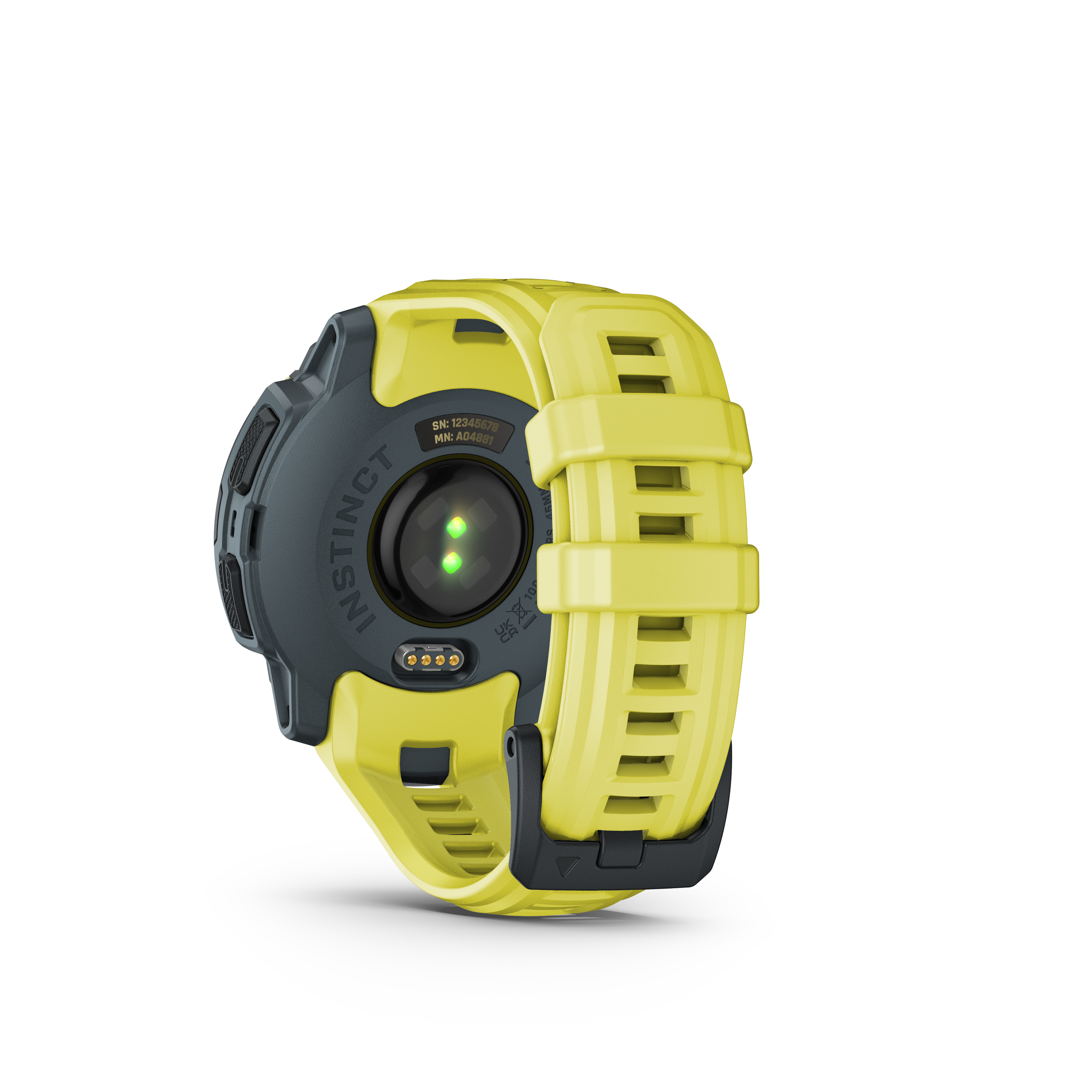 Rückseite einer gelben Garmin Uhr. Sensoren und Herzfrequenzmesser. Weißer Hintergrund.