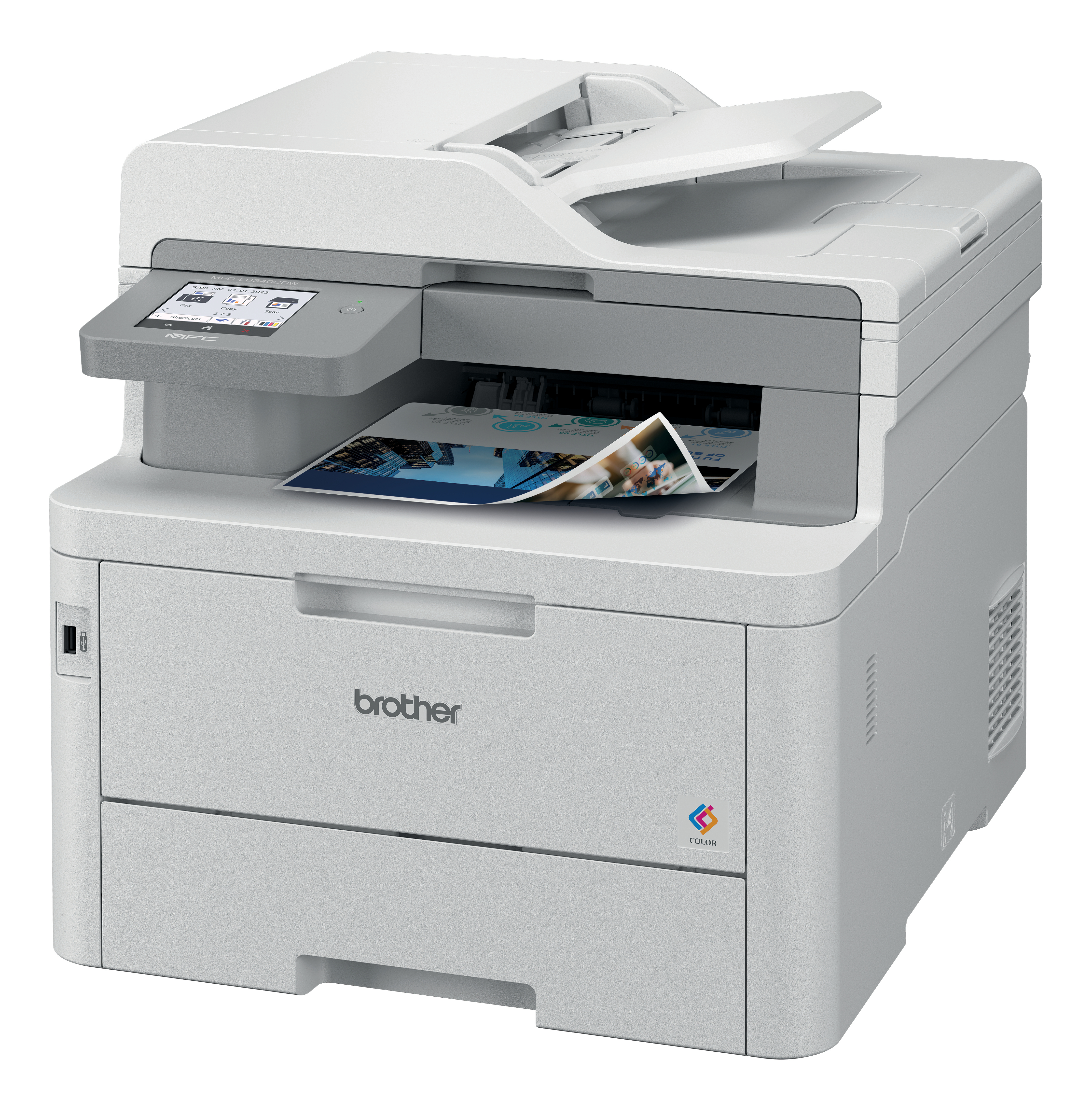 Weißer Drucker mit Papierausgabe, weißer Hintergrund.