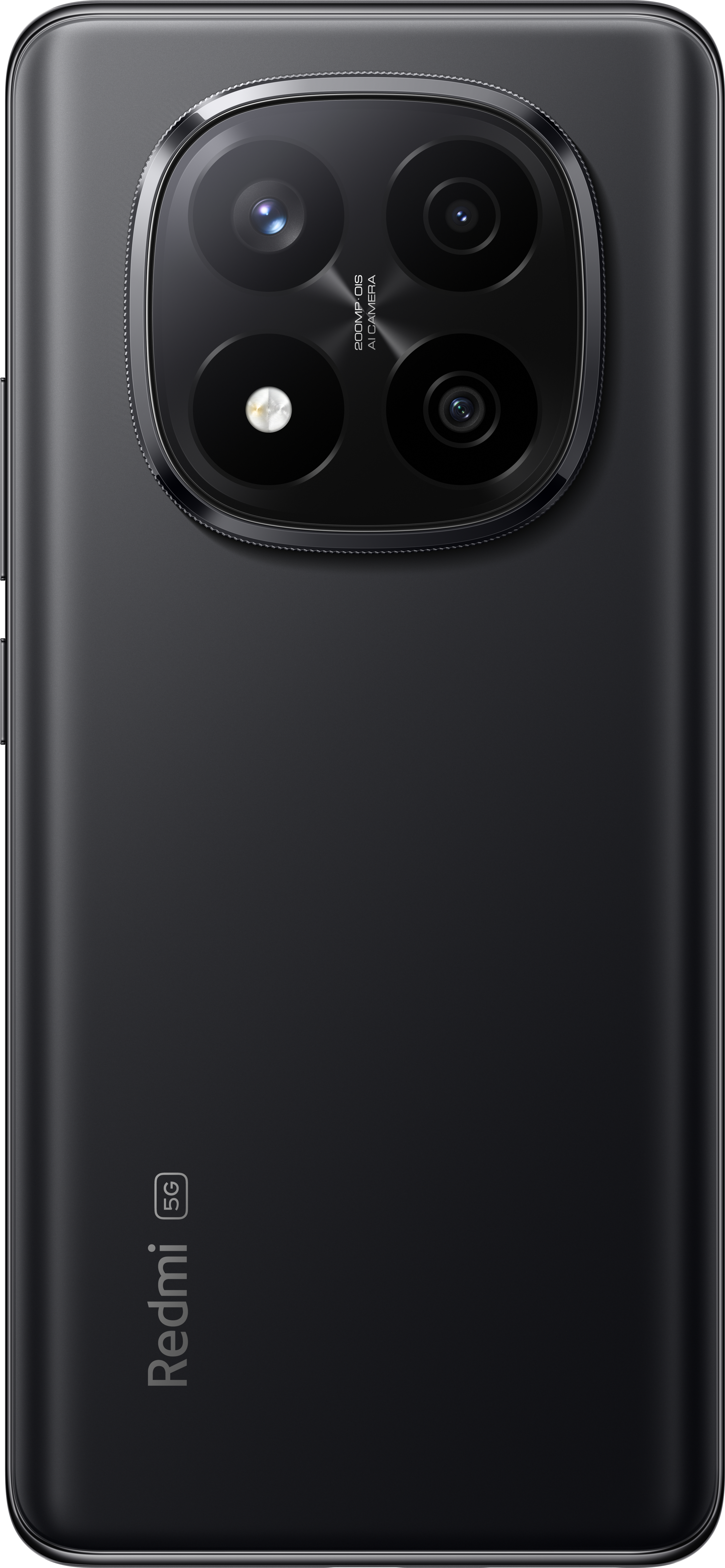 Rückseite eines schwarzen Telefons mit großen Kameralinsen und dem Redmi 5G Logo.