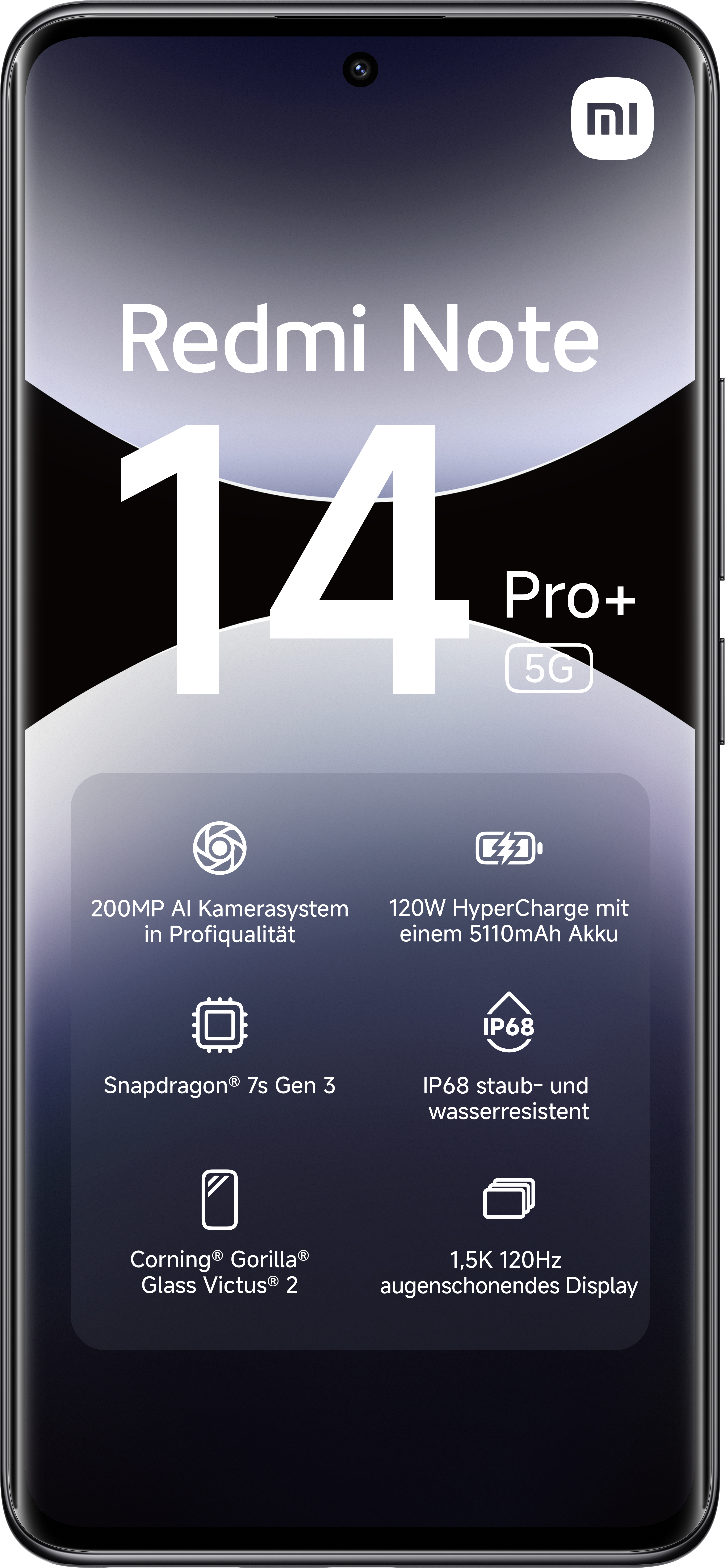 Redmi Note 14 Pro+ Smartphone mit technischen Daten auf dem Display.