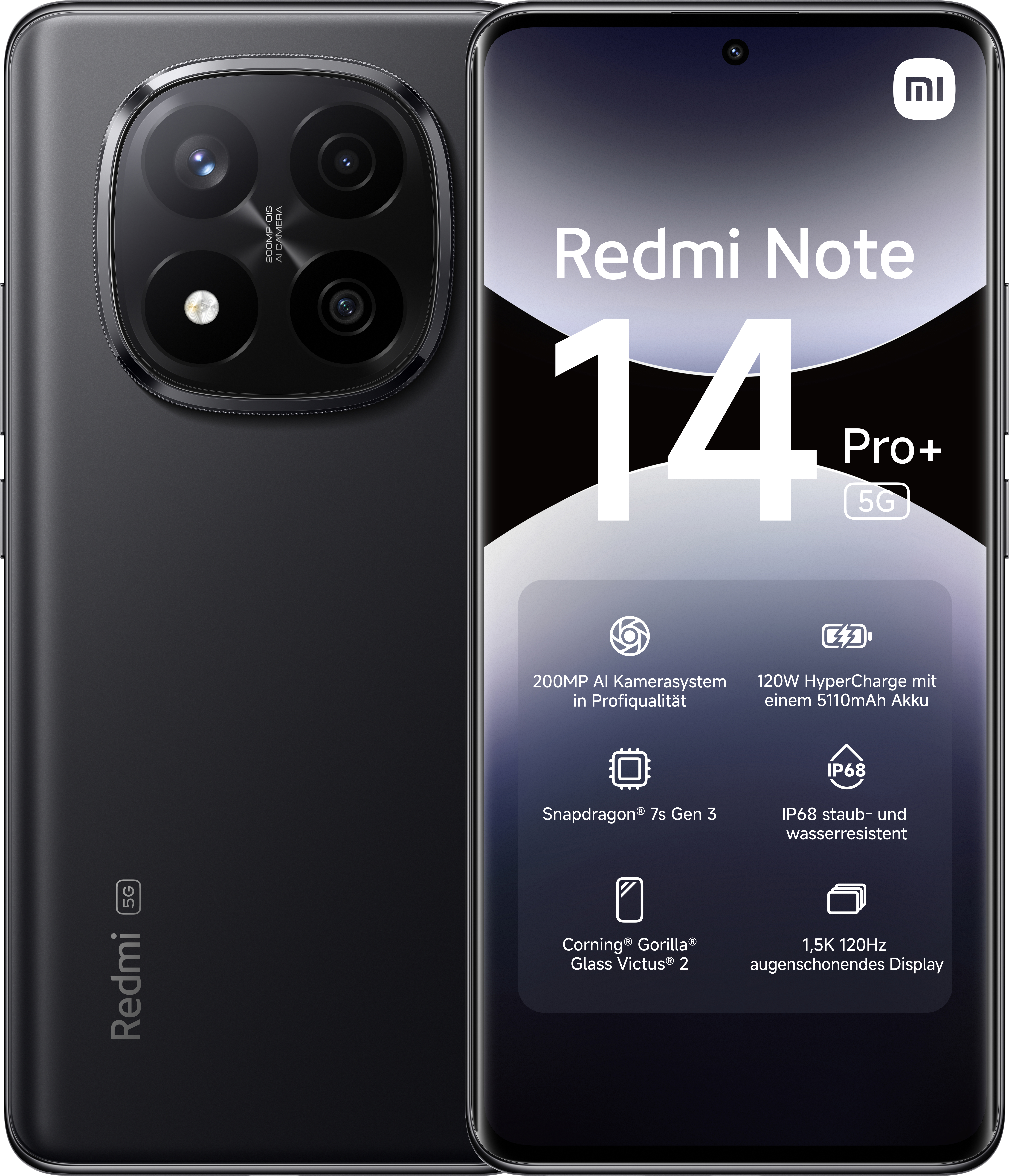Schwarzes Redmi Note 14 Pro+ 5G-Telefon. Rückseite mit Kamerahügel. Weißer Hintergrund.