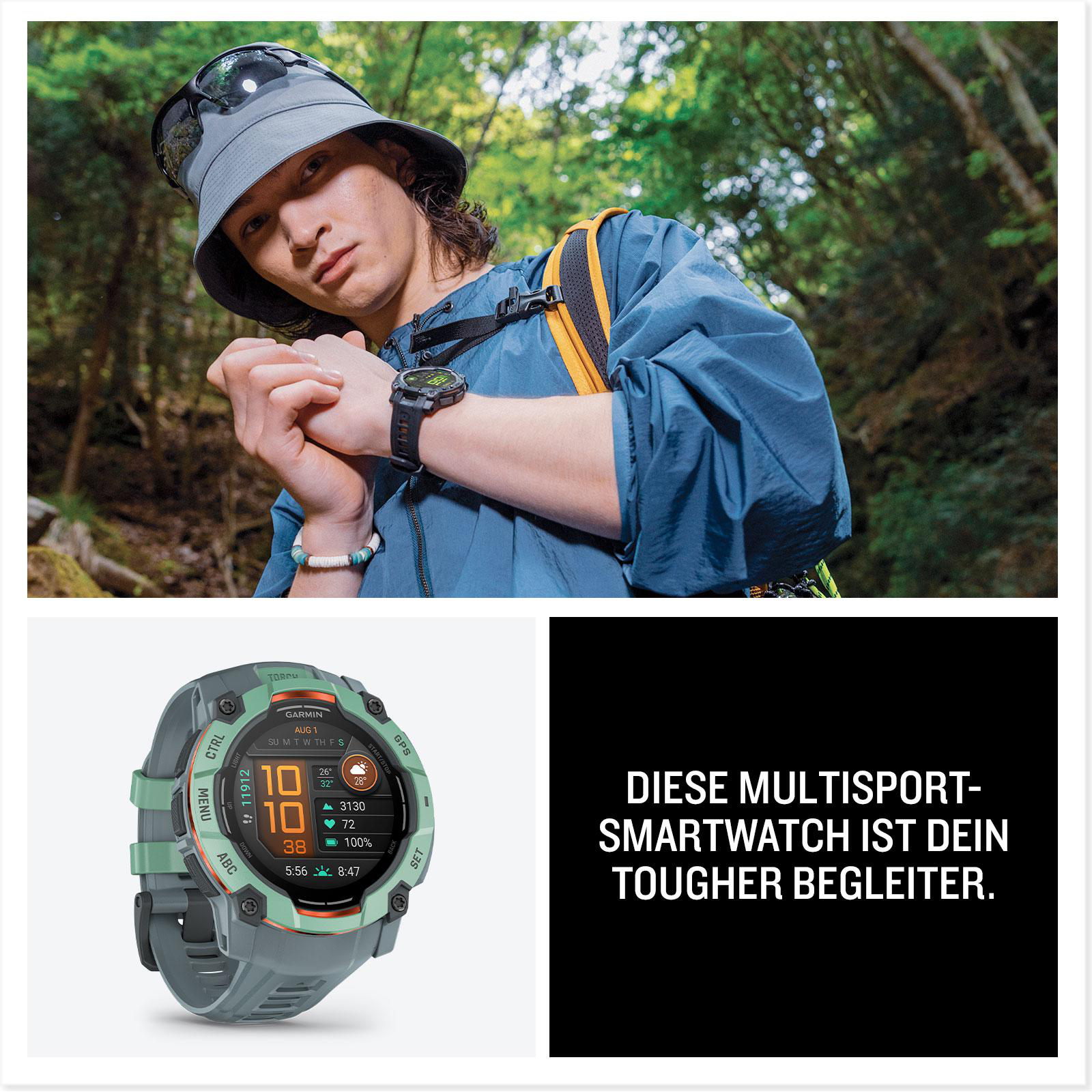 Ein Mann mit Uhr und Hut, plus eine Aufnahme der Uhr mit Statistiken.