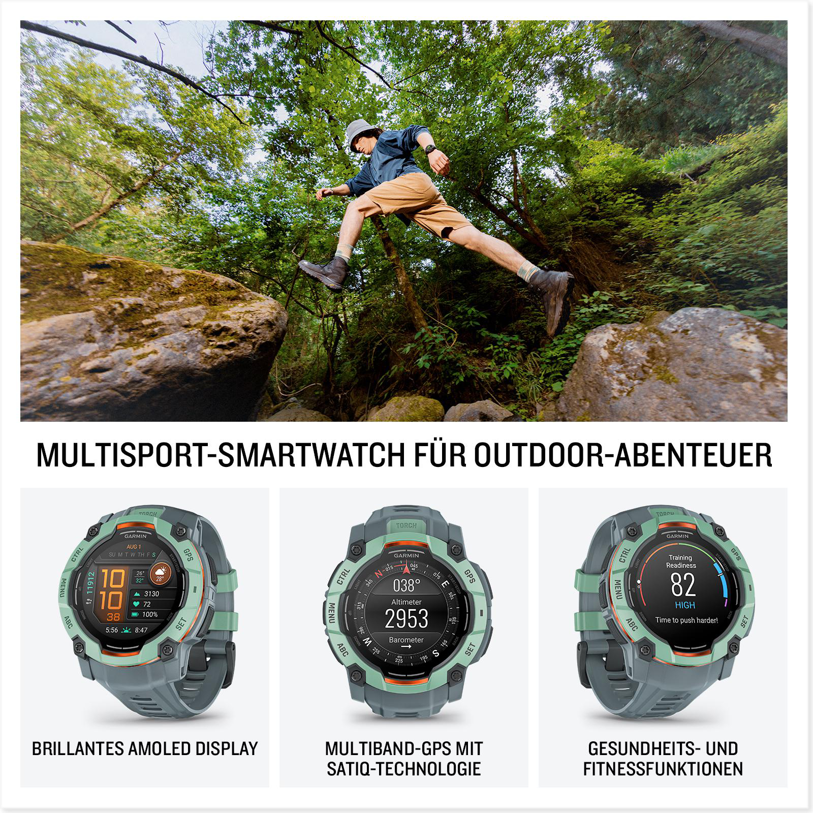 Mann springt über Felsen. Smartwatches und Text unten.