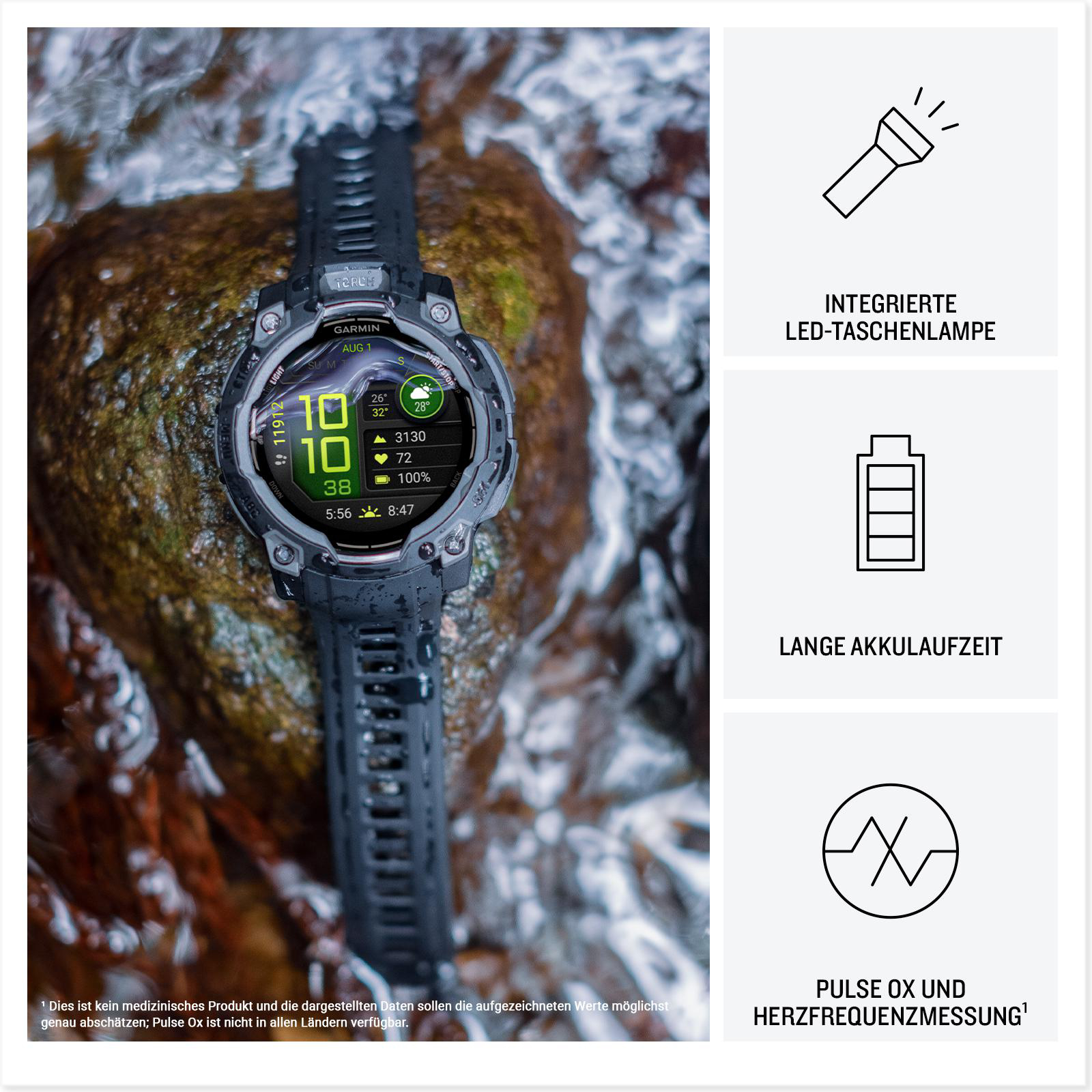 Eine Garmin Smartwatch auf einem Felsen, mit Funktionen wie Taschenlampe, Akkulaufzeit und Herzfrequenz.