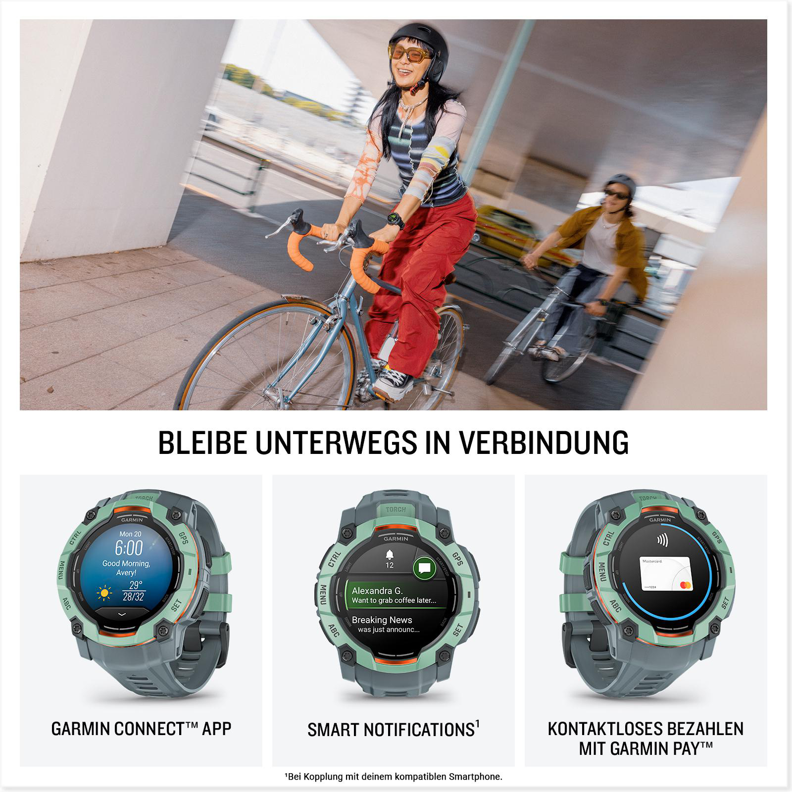 Frau auf dem Fahrrad, Garmin-Uhren und intelligente Benachrichtigungen auf dem Bildschirm.