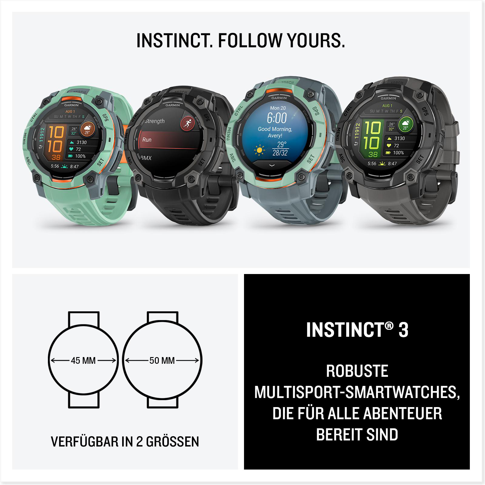 Vier Garmin Instinct Smartwatches mit verschiedenen Displays und Größenvergleich.