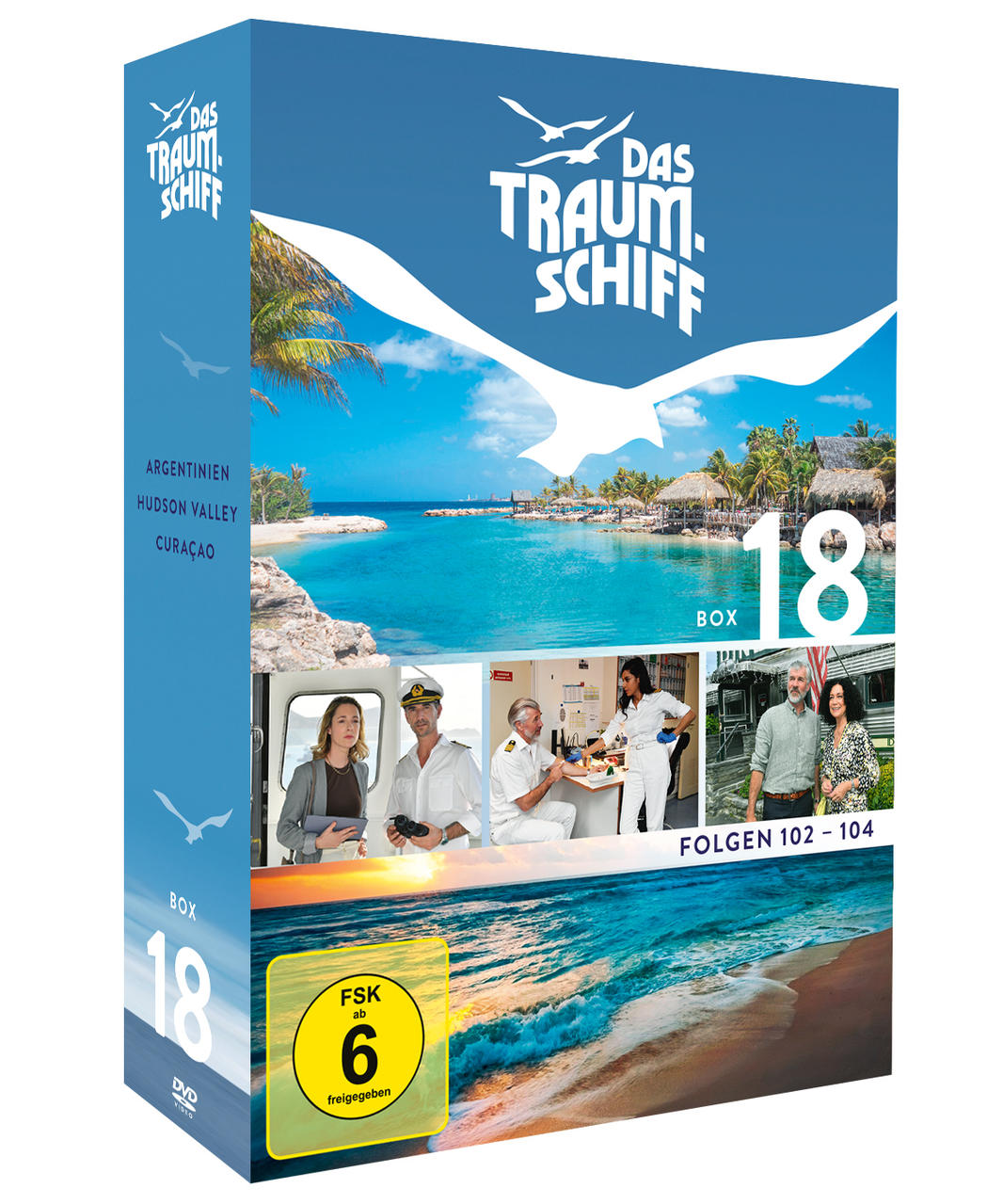 DVD-Box mit dem Titel 'Das Traumschiff', mit Schauspielern, Meerblick. FSK 6-Bewertung.